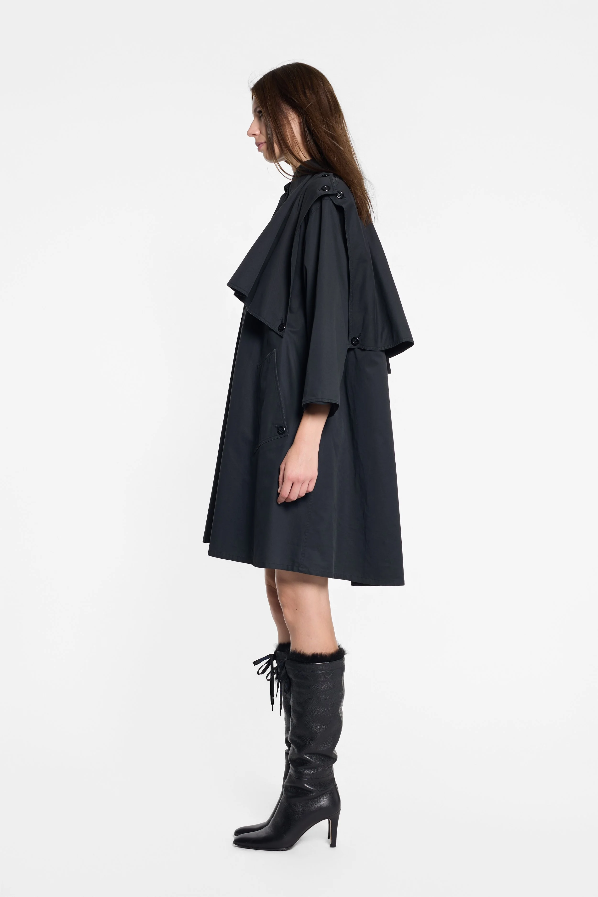 Side view of Emanuel Ungaro navy trench coat