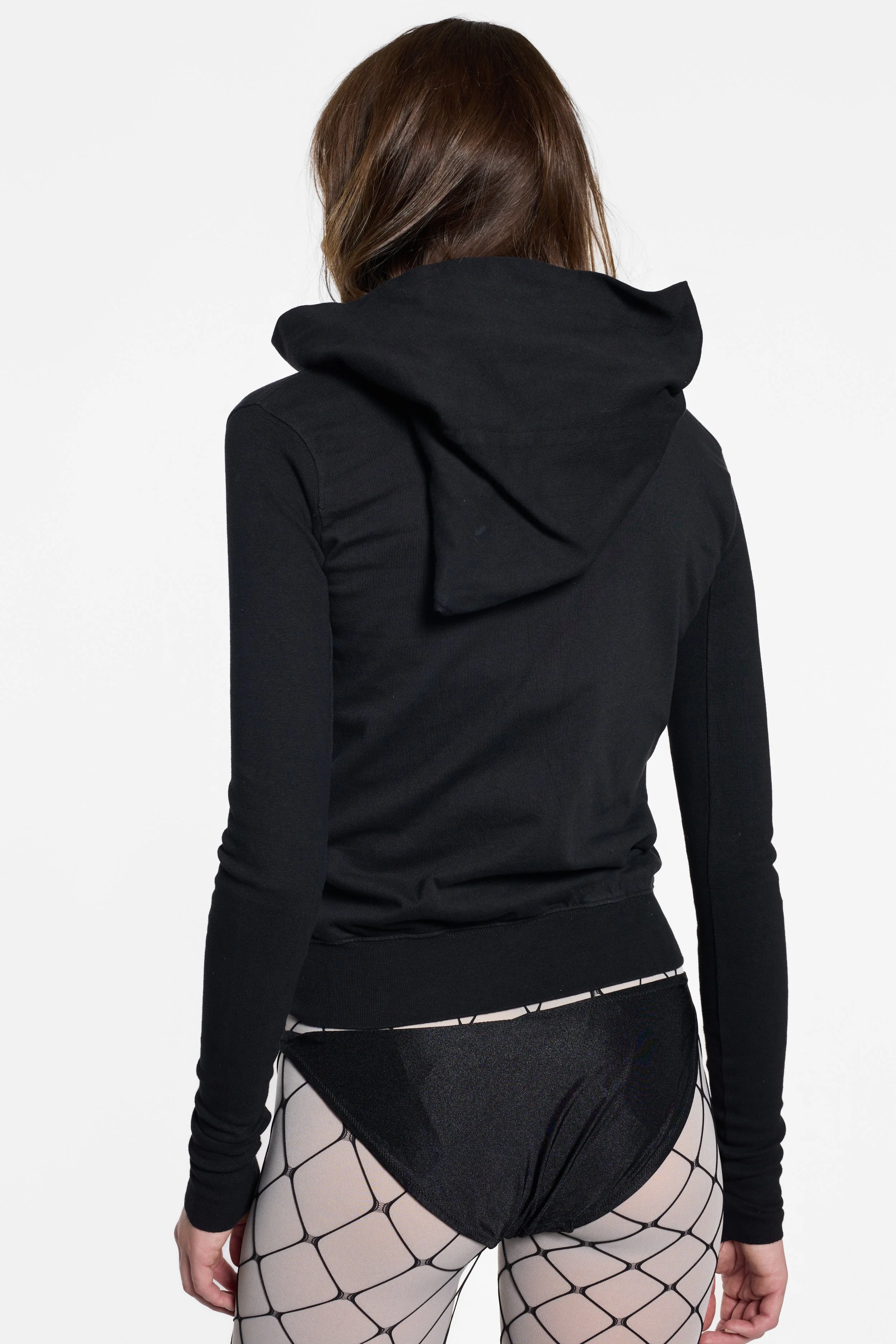 Detail of oversized hood and ribbed cotton jersey finish on DRKSHDW Mountain hoodie