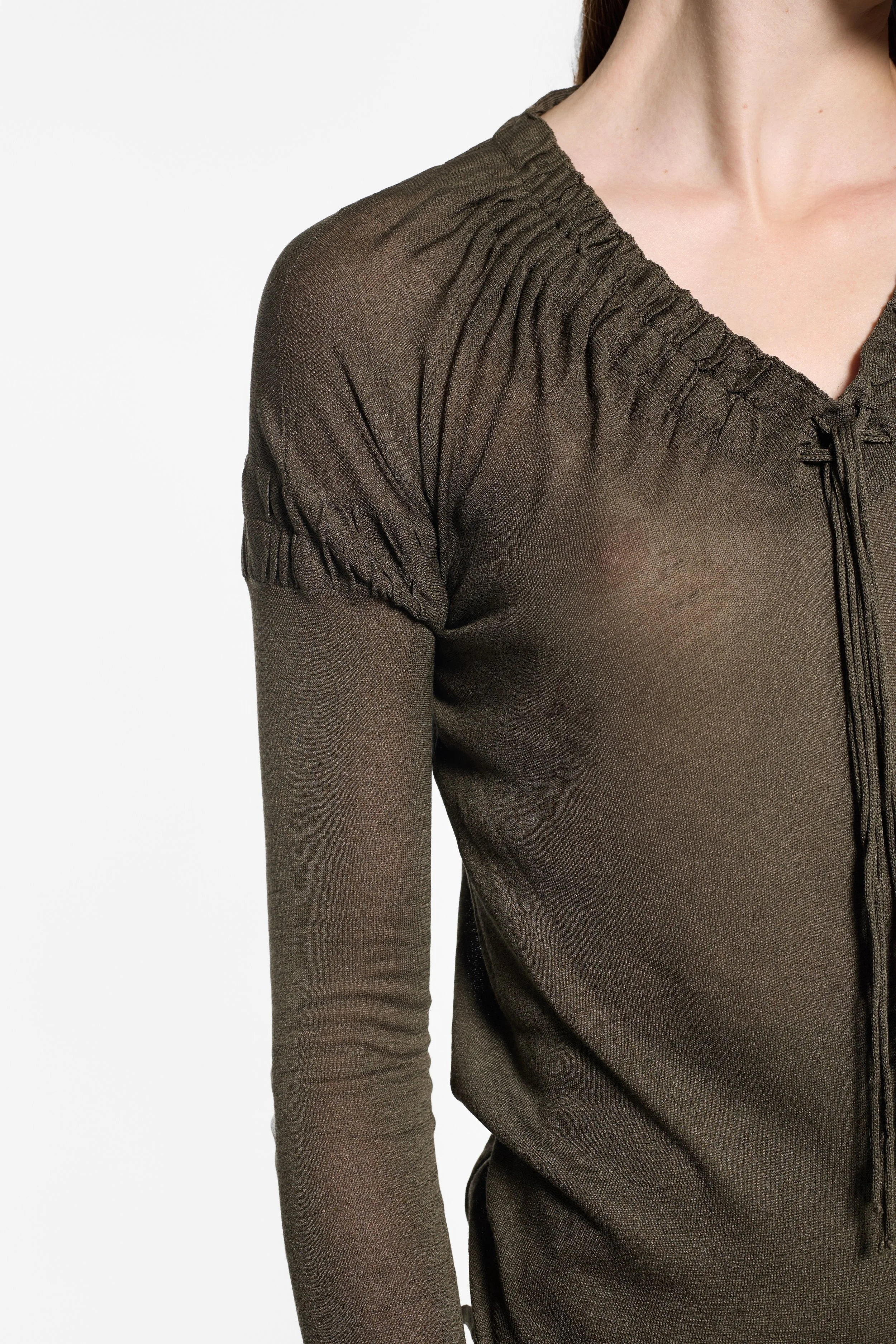 Gucci by Tom Ford olive top, sheer silk knit and gathered sleeve detail