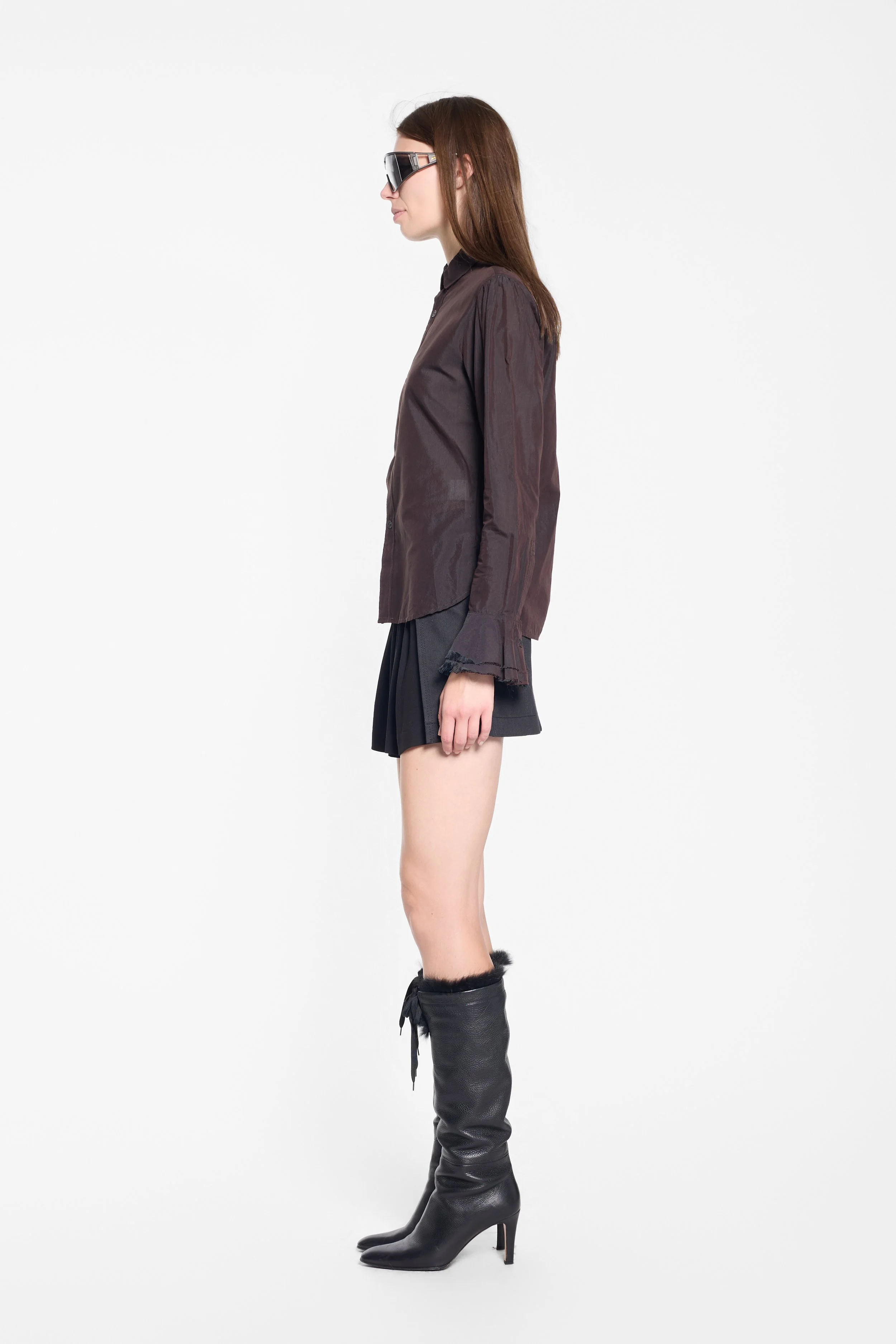 Side view of Y’s Yohji Yamamoto semi-sheer brown shirt
