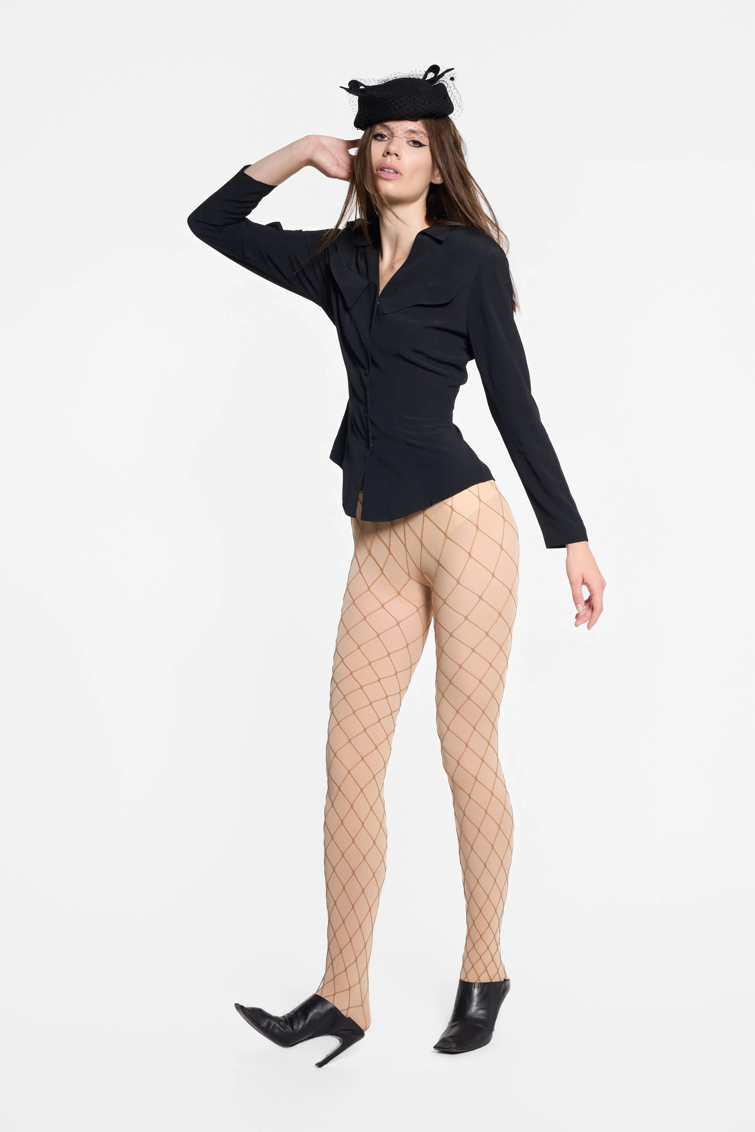 Early 1990s Thierry Mugler fitted rayon shirt styled on model