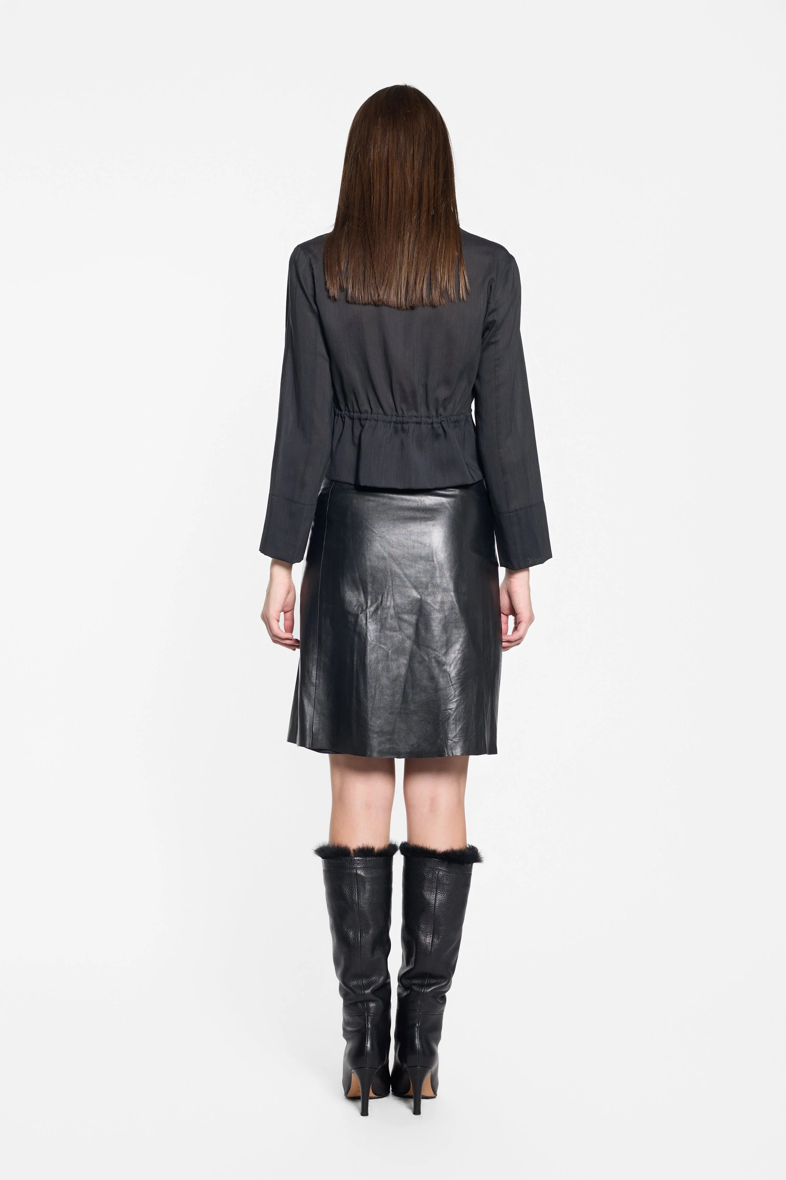 Vintage 1990s Karl Lagerfeld black cropped jacket worn on model, back view