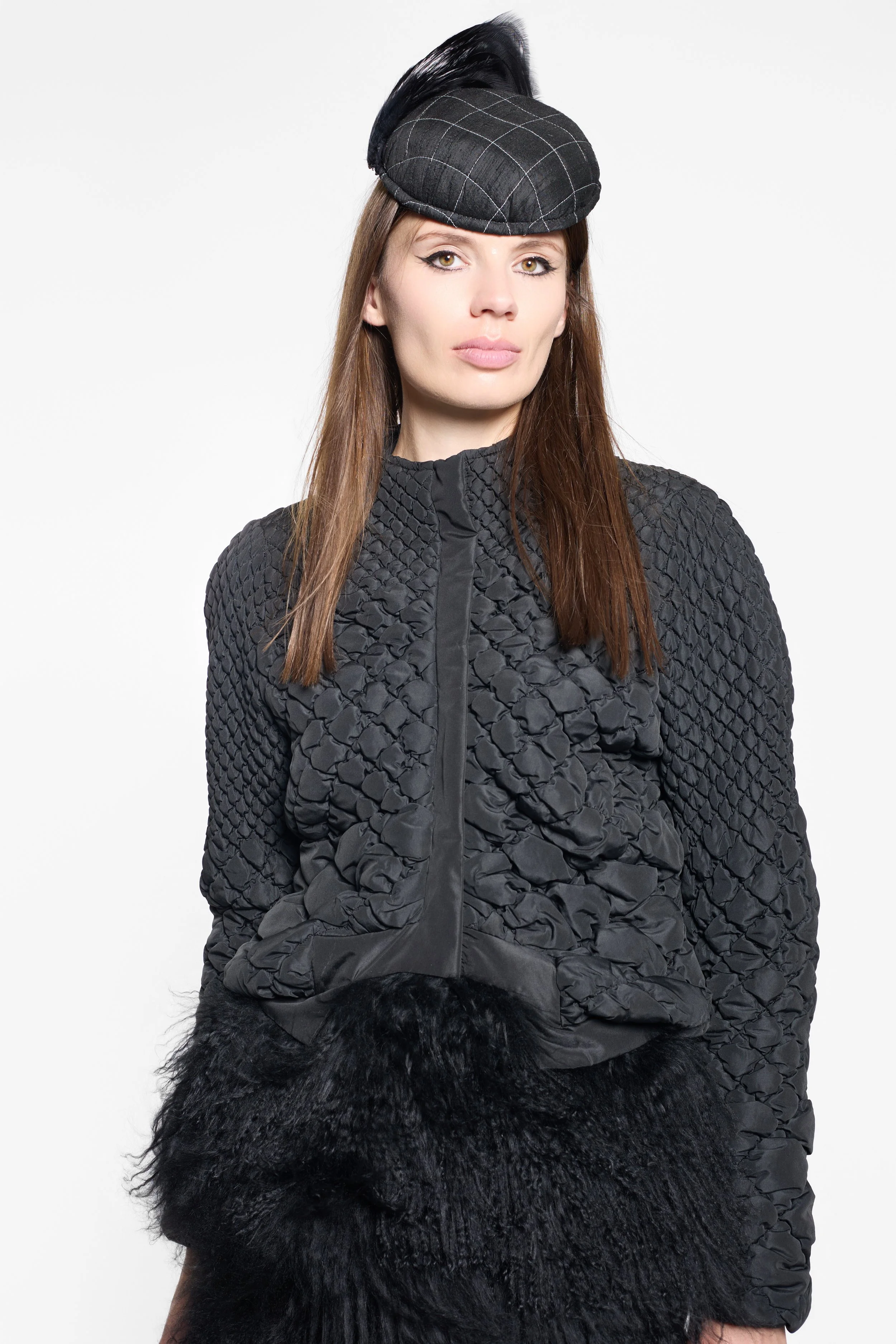 Back view of Max Blue diamond shirred black jacket
