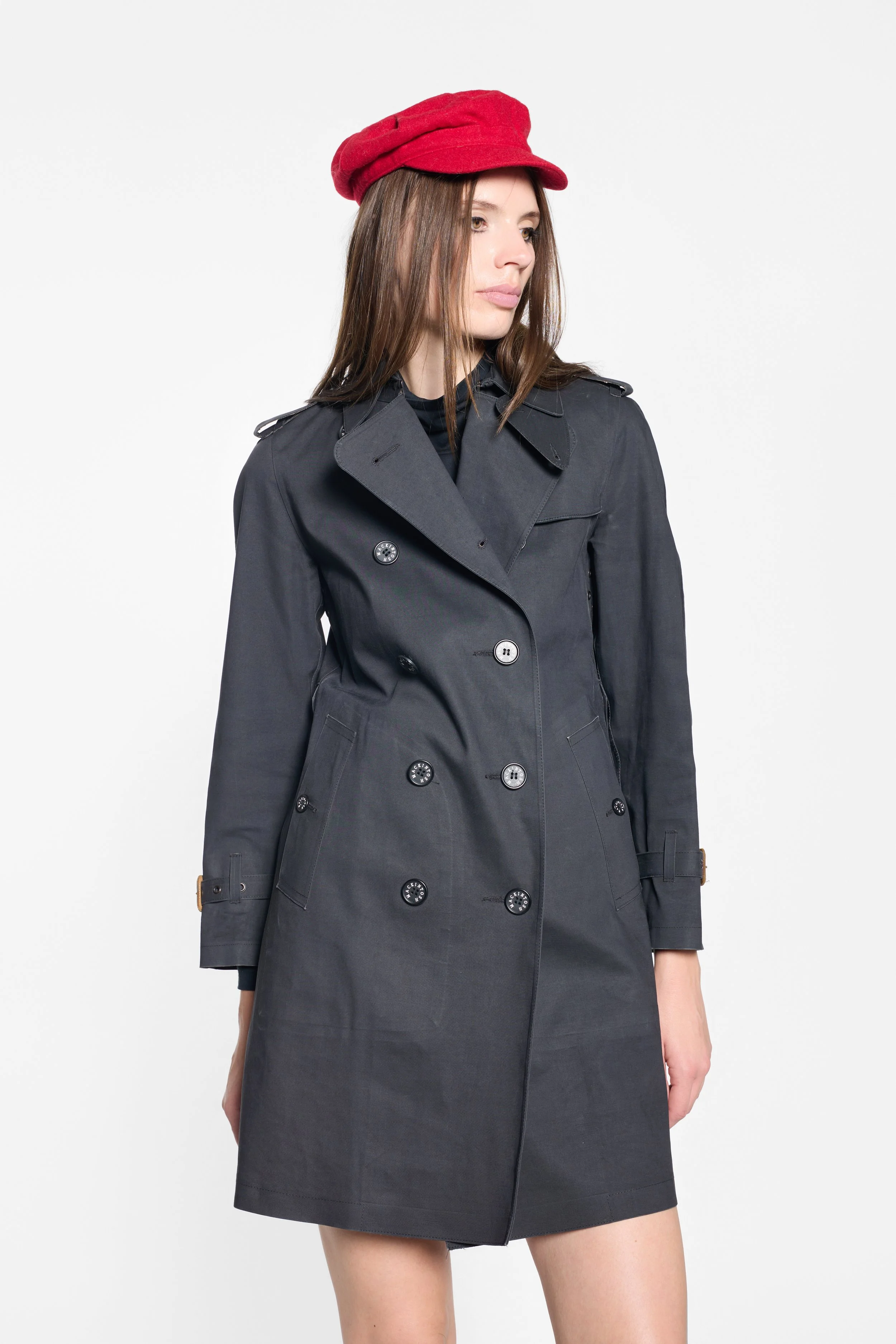 Mackintosh double-breasted trench coat styled on model