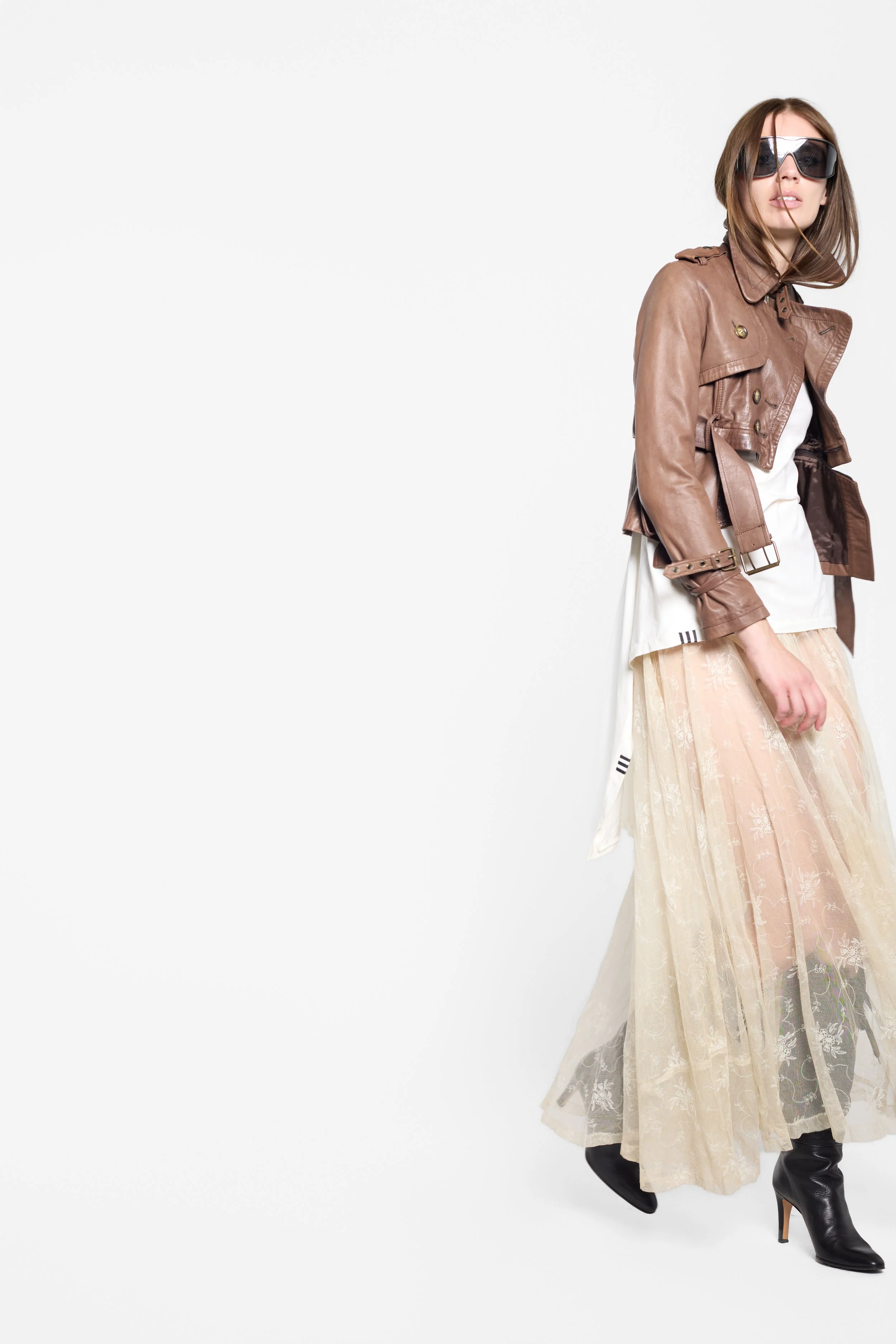 Y-3 SS2013 white runway top styled on model, alternate full-length editorial image