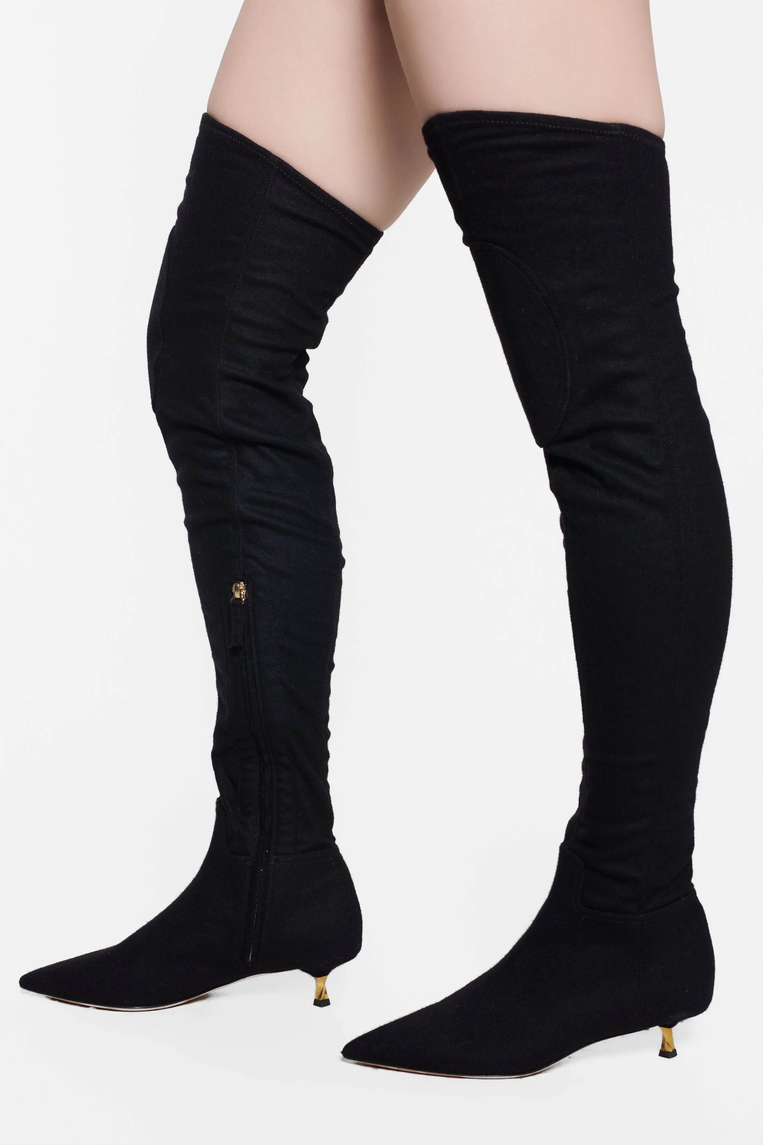 Valentino over-the-knee stretch boots with sculptural gold kitten heels