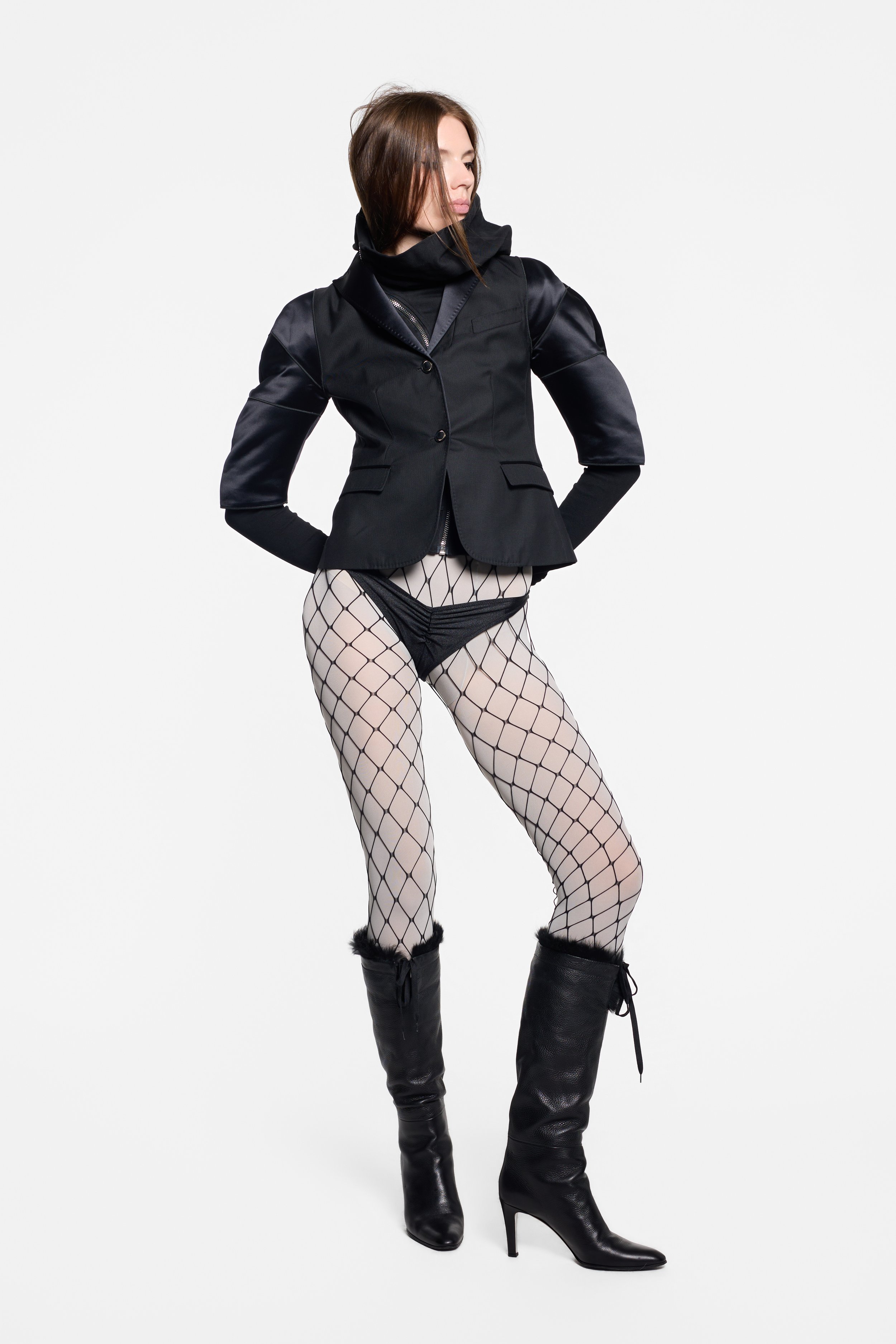 Black designer tailored jacket with textured body and lustrous sleeves
