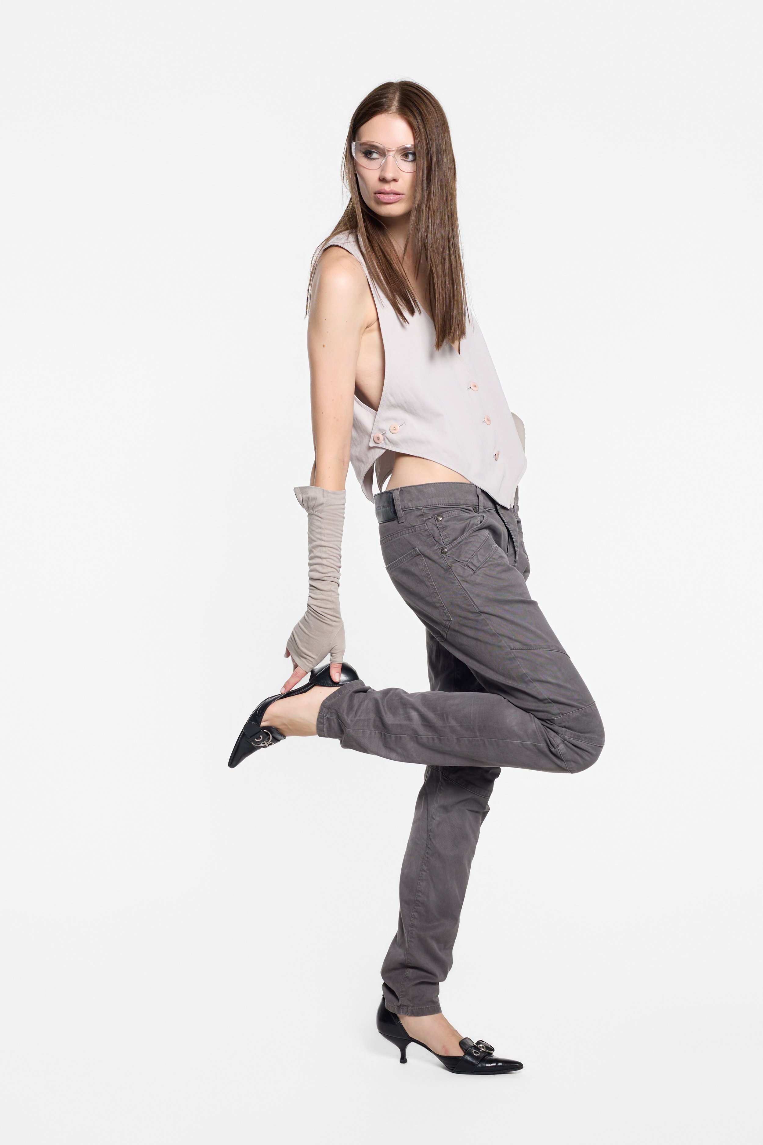 Model wearing Hardy Amies ‘Miss’ grey tailored waistcoat
