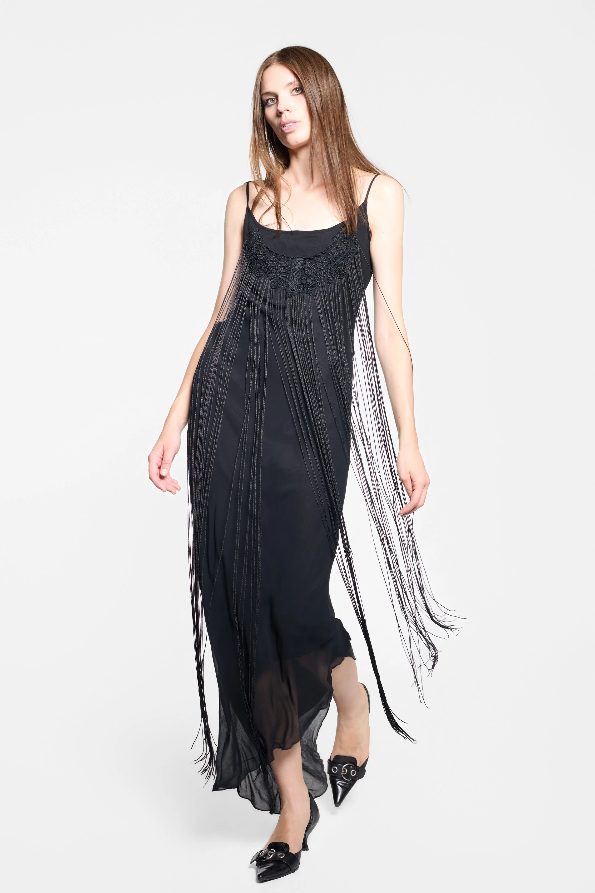 O by Isabel Kristensen bias-cut fringe dress in motion