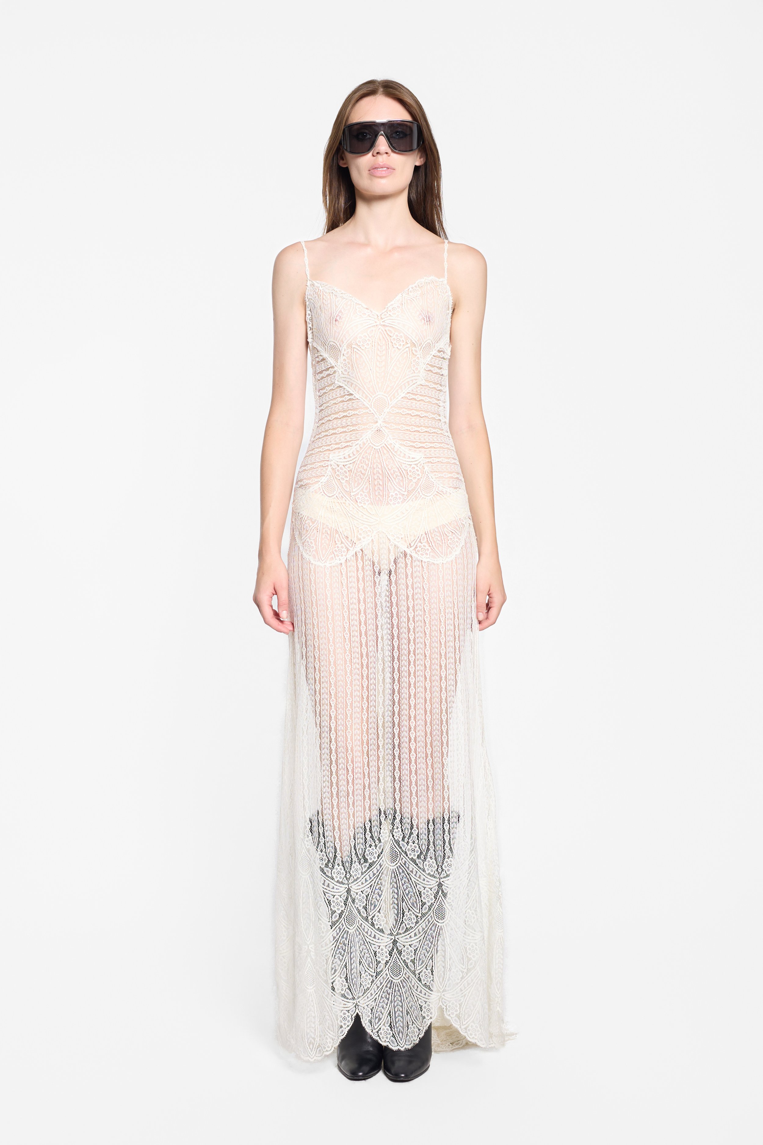 Front view of Anna Kara ivory lace gown with V-neckline