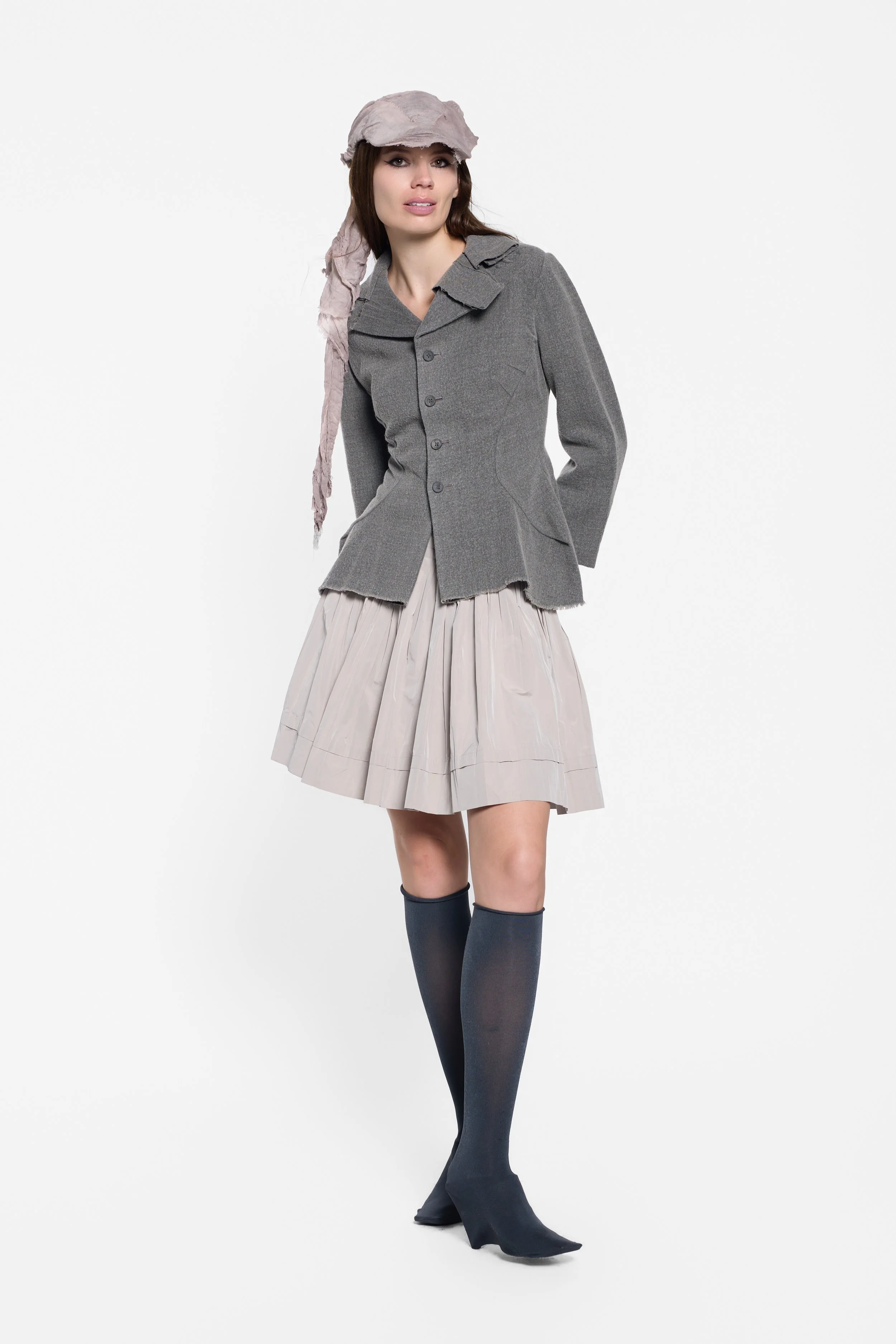 Model wearing Junya Watanabe AD02 grey wool deconstructed jacket
