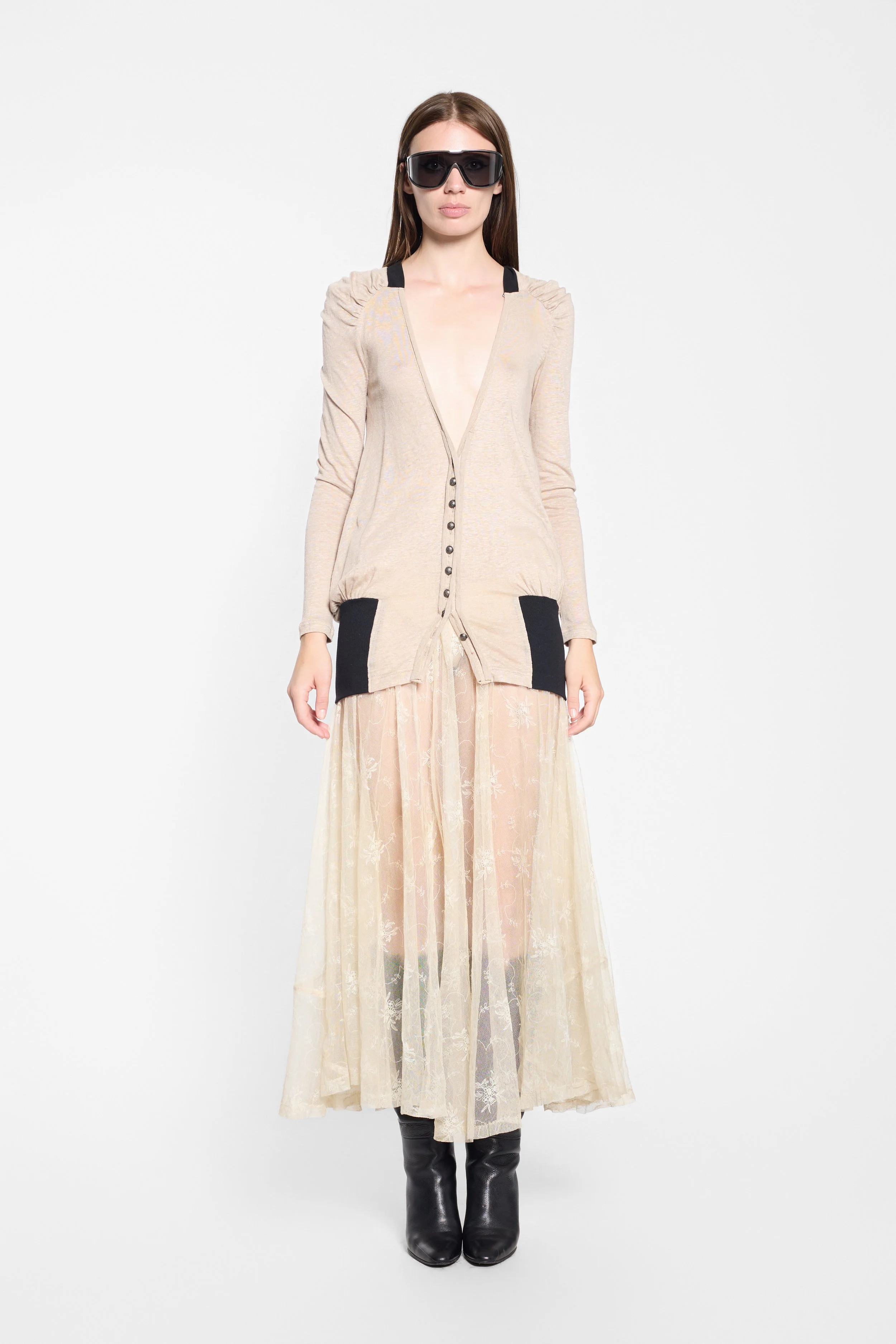 LUXXM beige cardigan front view