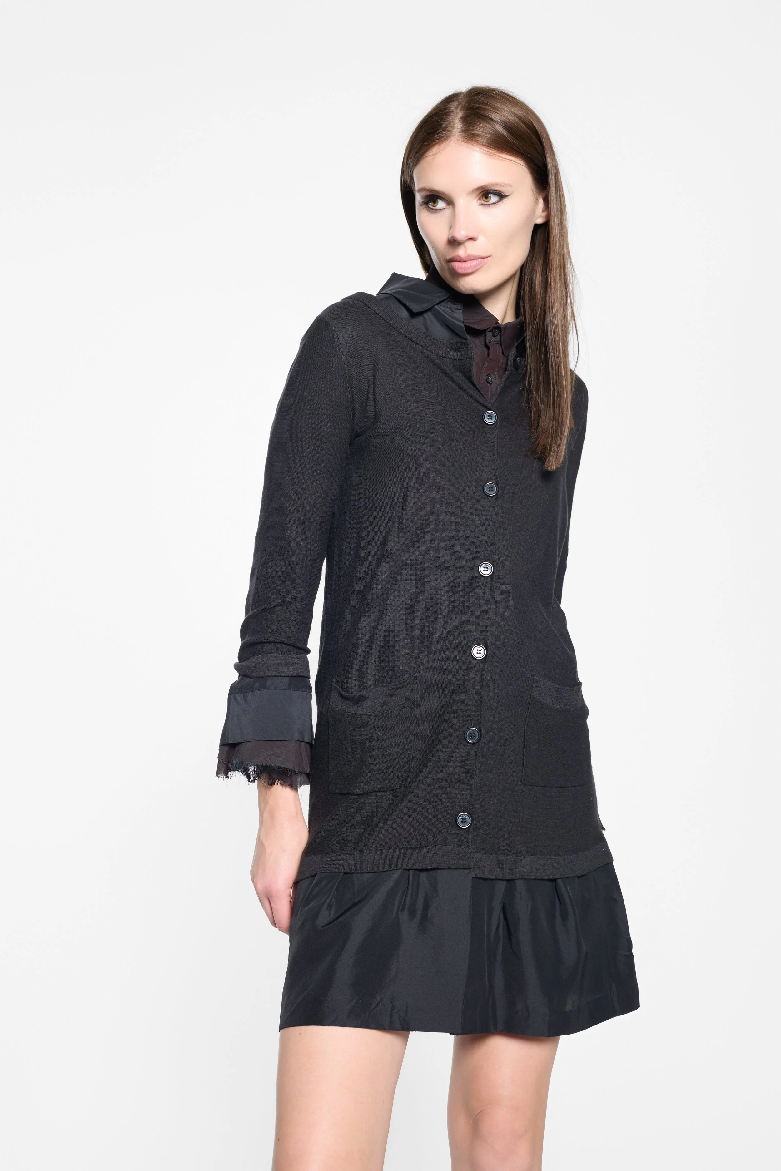 Model wearing Sonia Rykiel black silk knit shirt dress