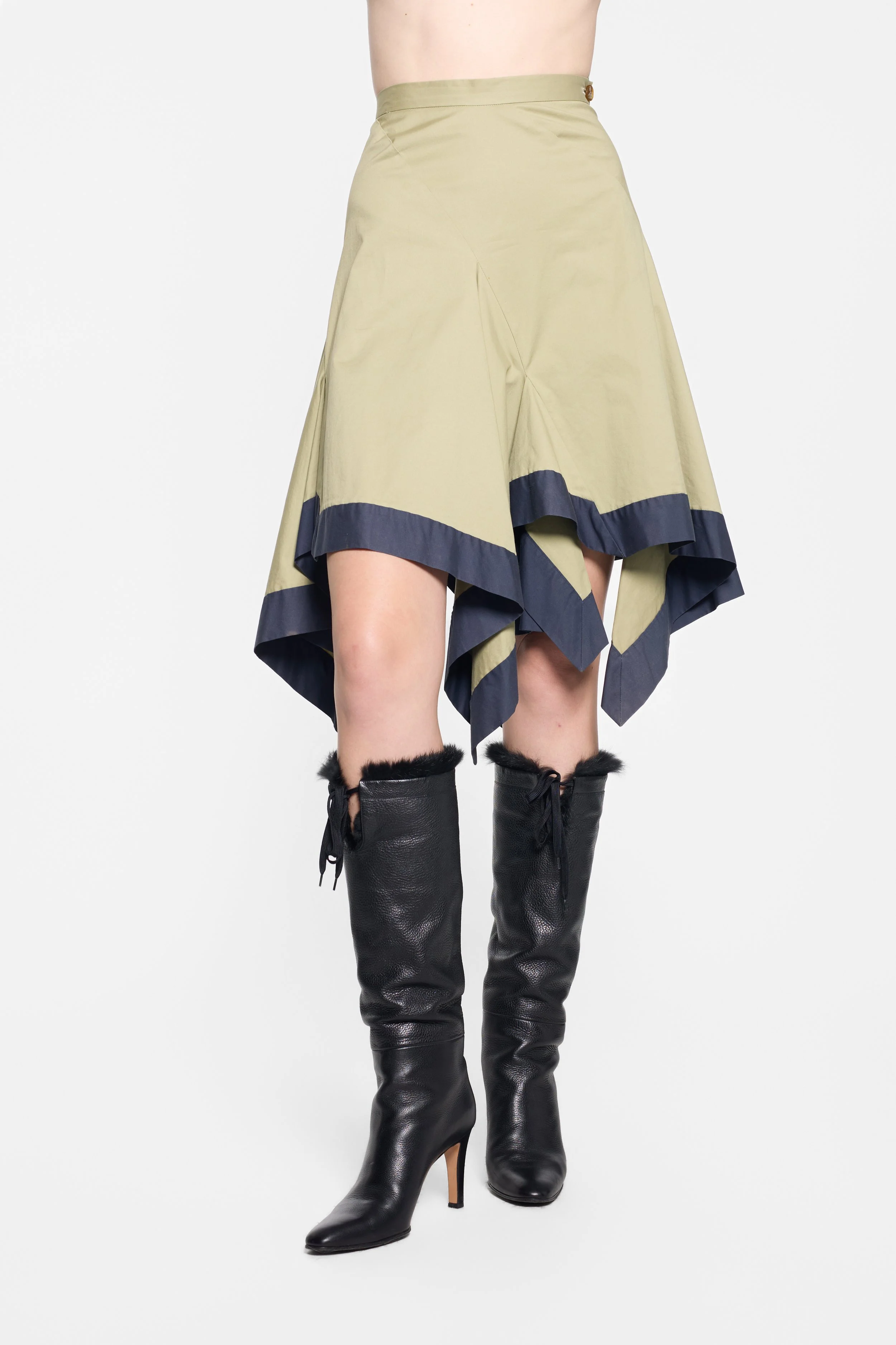 Vivienne Westwood olive skirt, layered panels and handkerchief hem detail