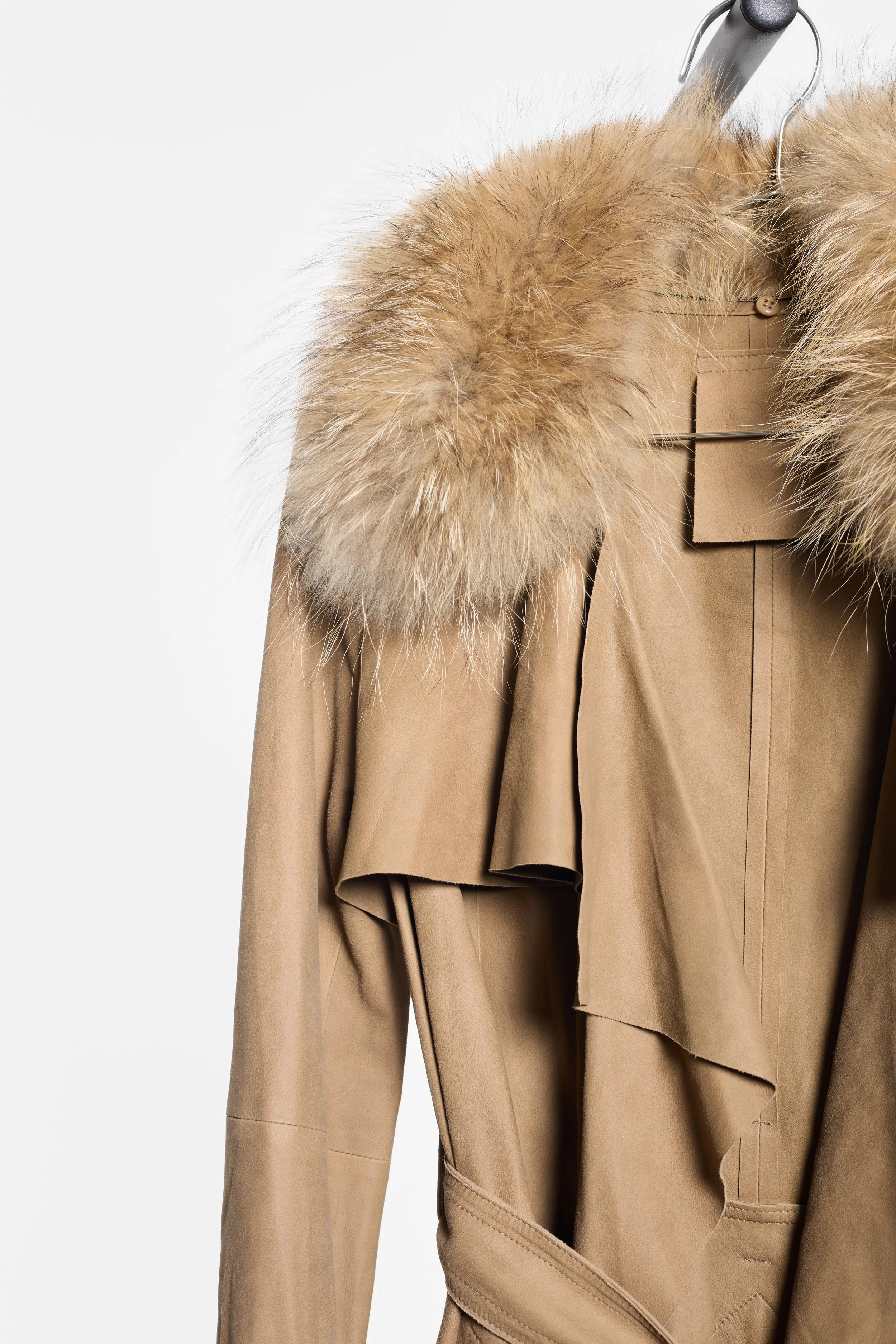 Rawtus tan suede coat with oversized Chinese raccoon fur collar