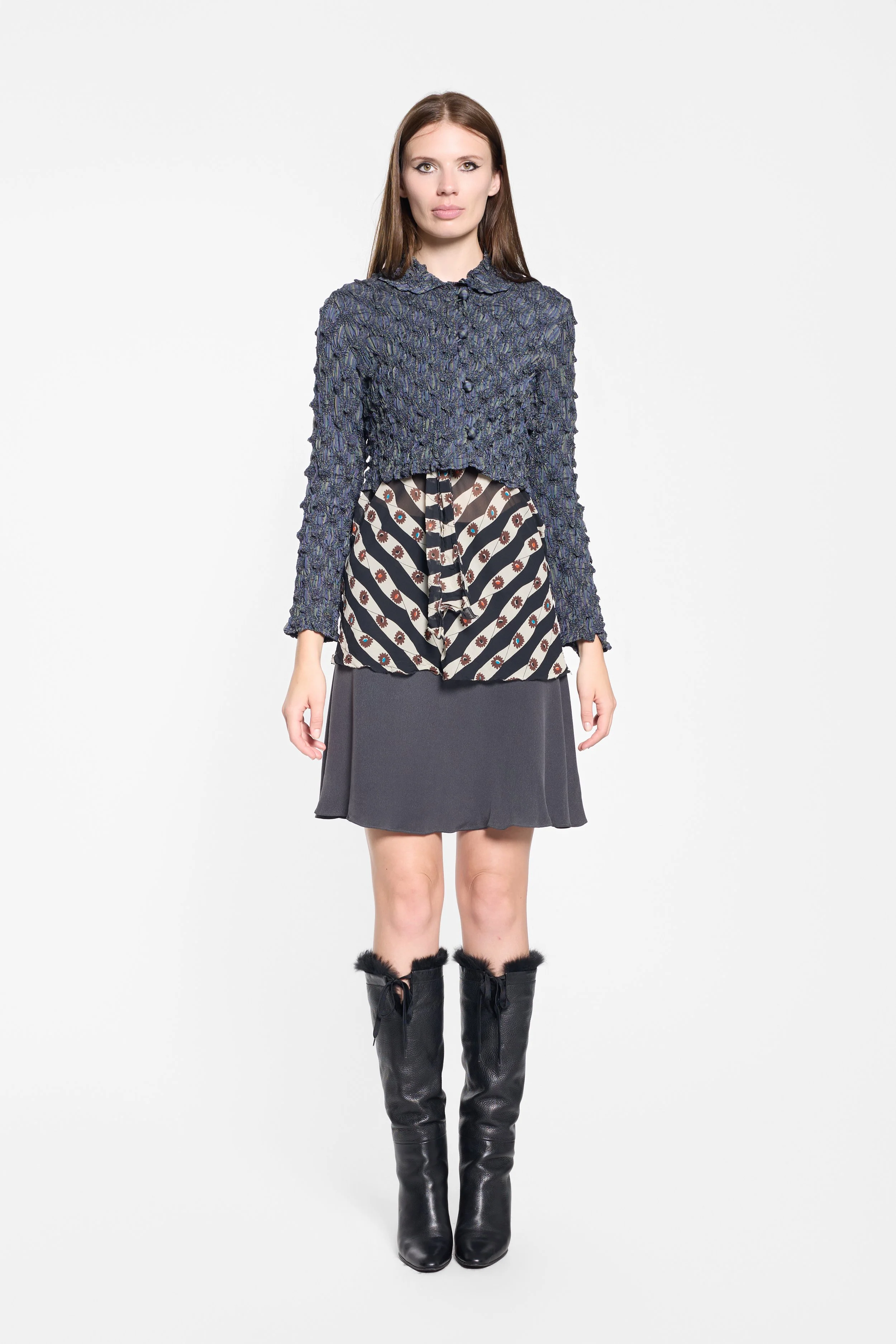 Front view of Kensho Abe striped smocked jacket