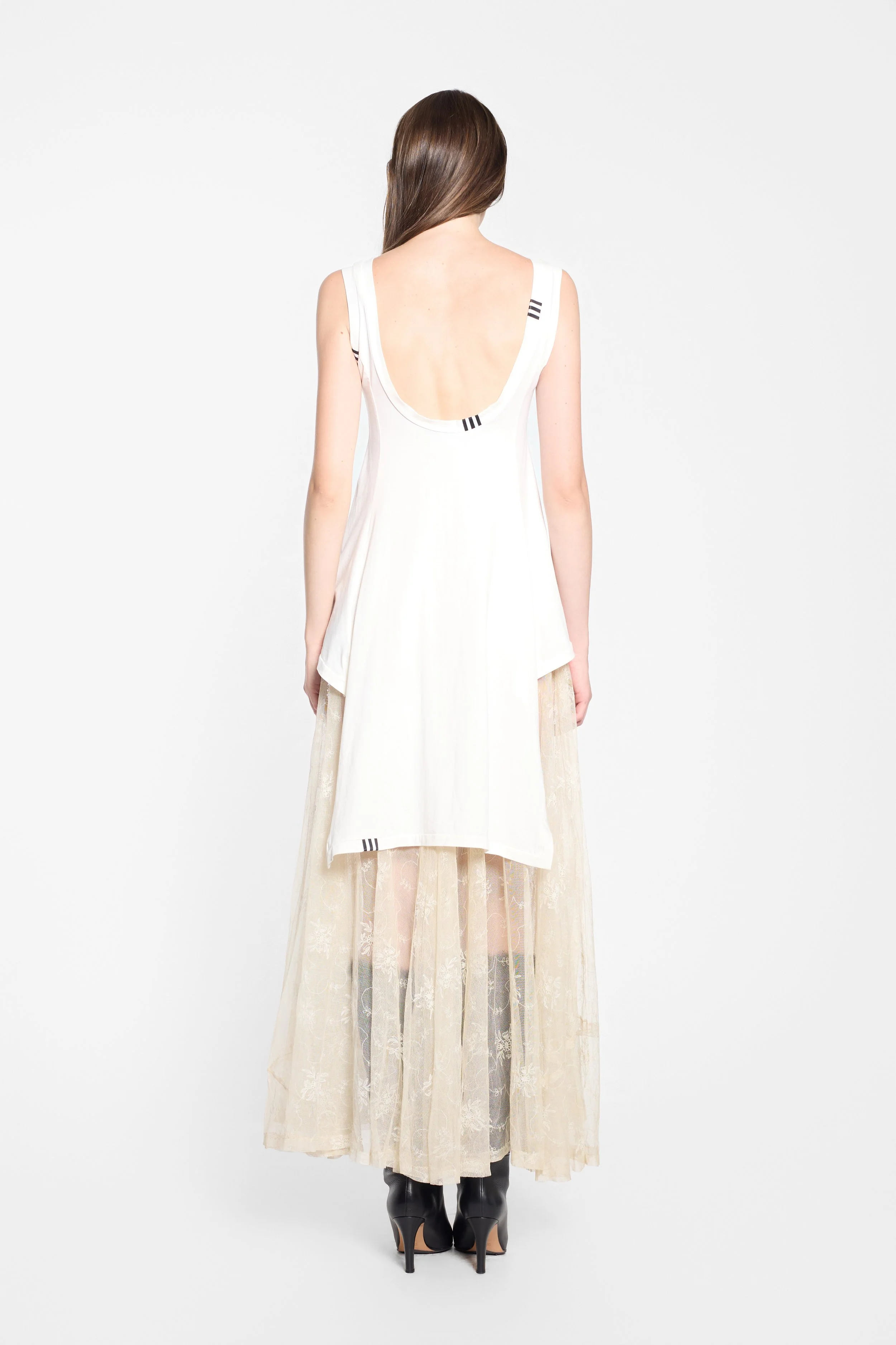 Y-3 SS2013 white asymmetric sleeveless top worn on model, back view