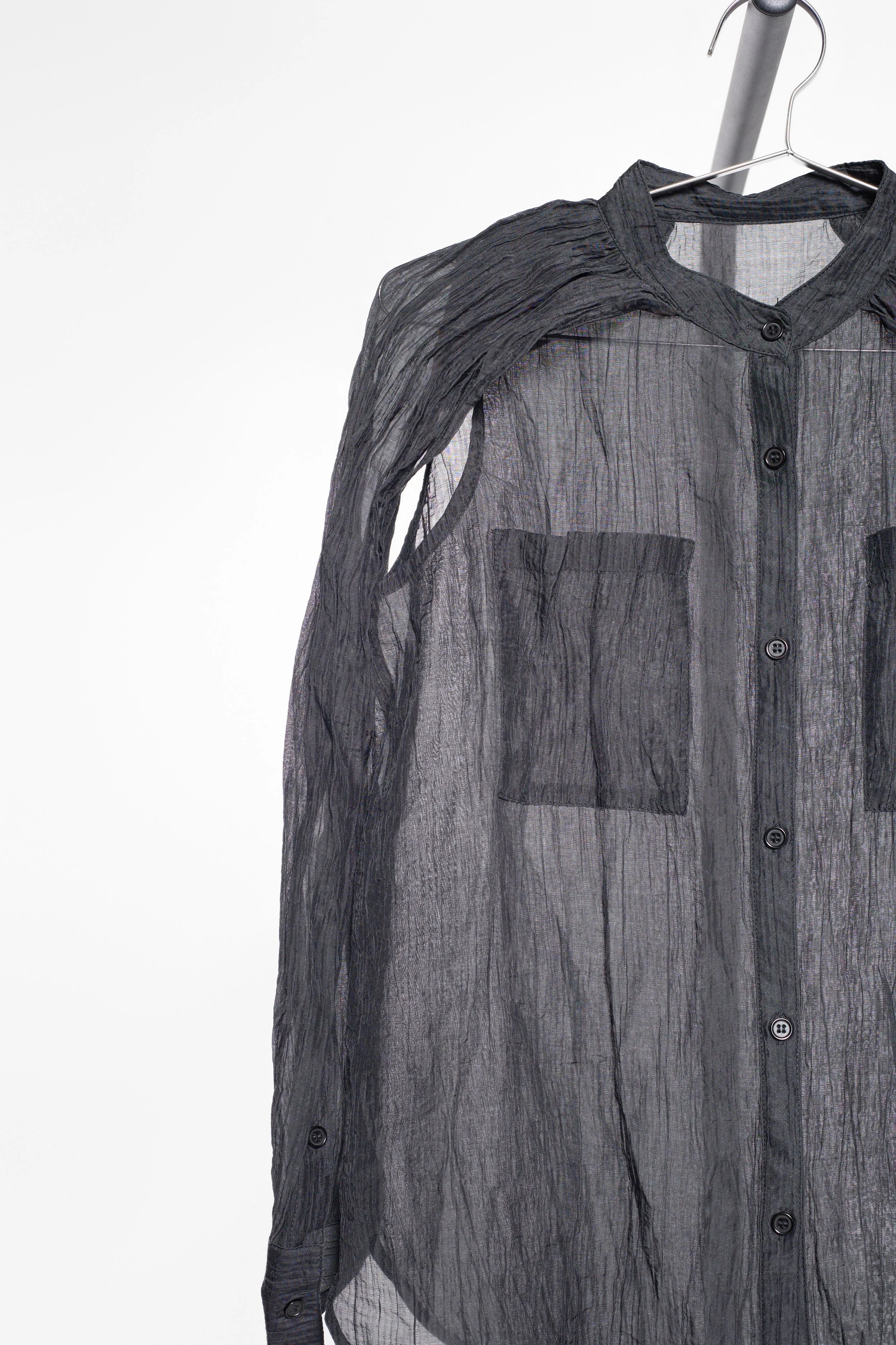 Close-up of Pitless grandad collar shirt with oversized chest pockets