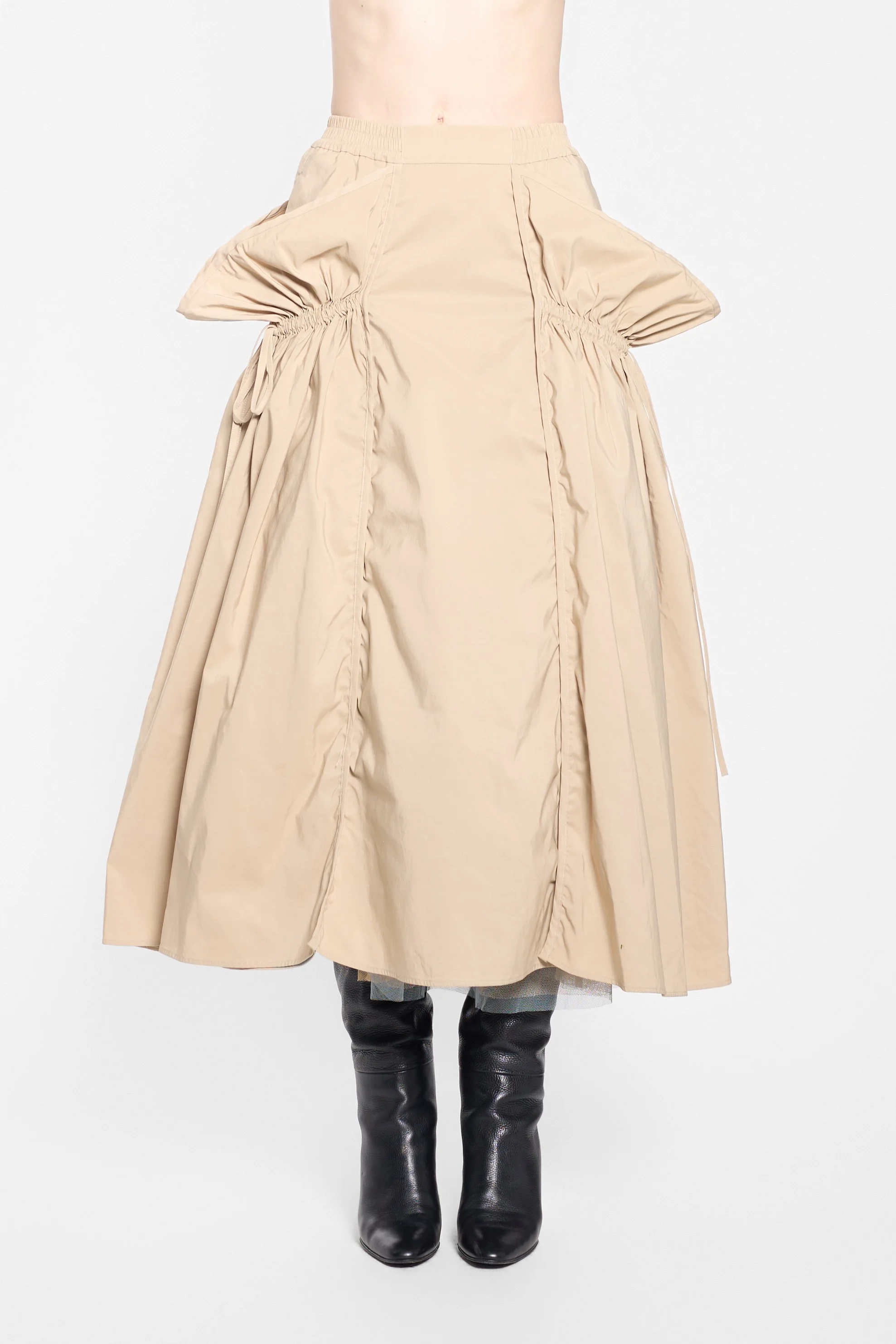 Front view of UN3D gathered panel midi skirt