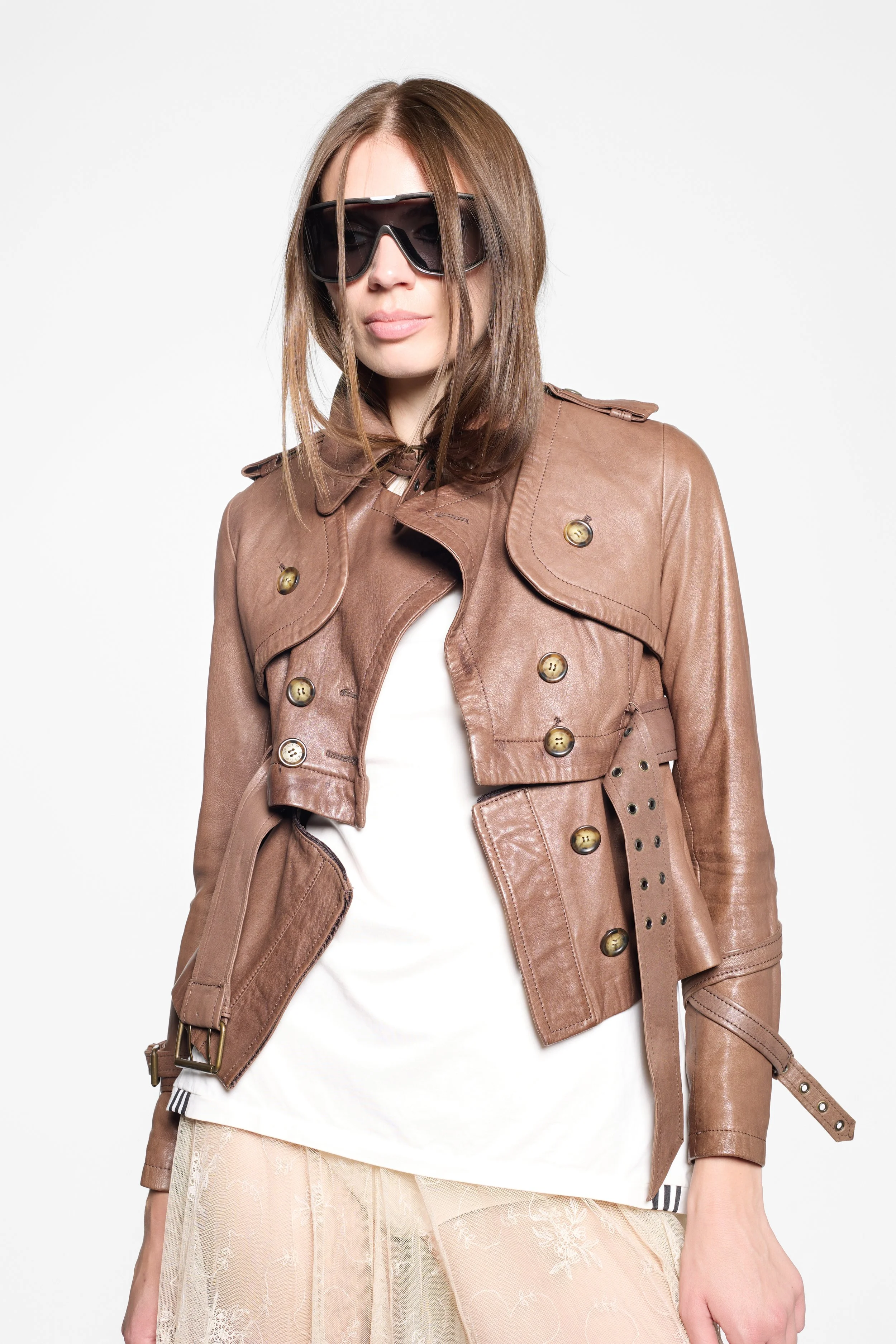 S.W.O.R.D 6.6.44 tan leather jacket styled on model, portrait editorial image