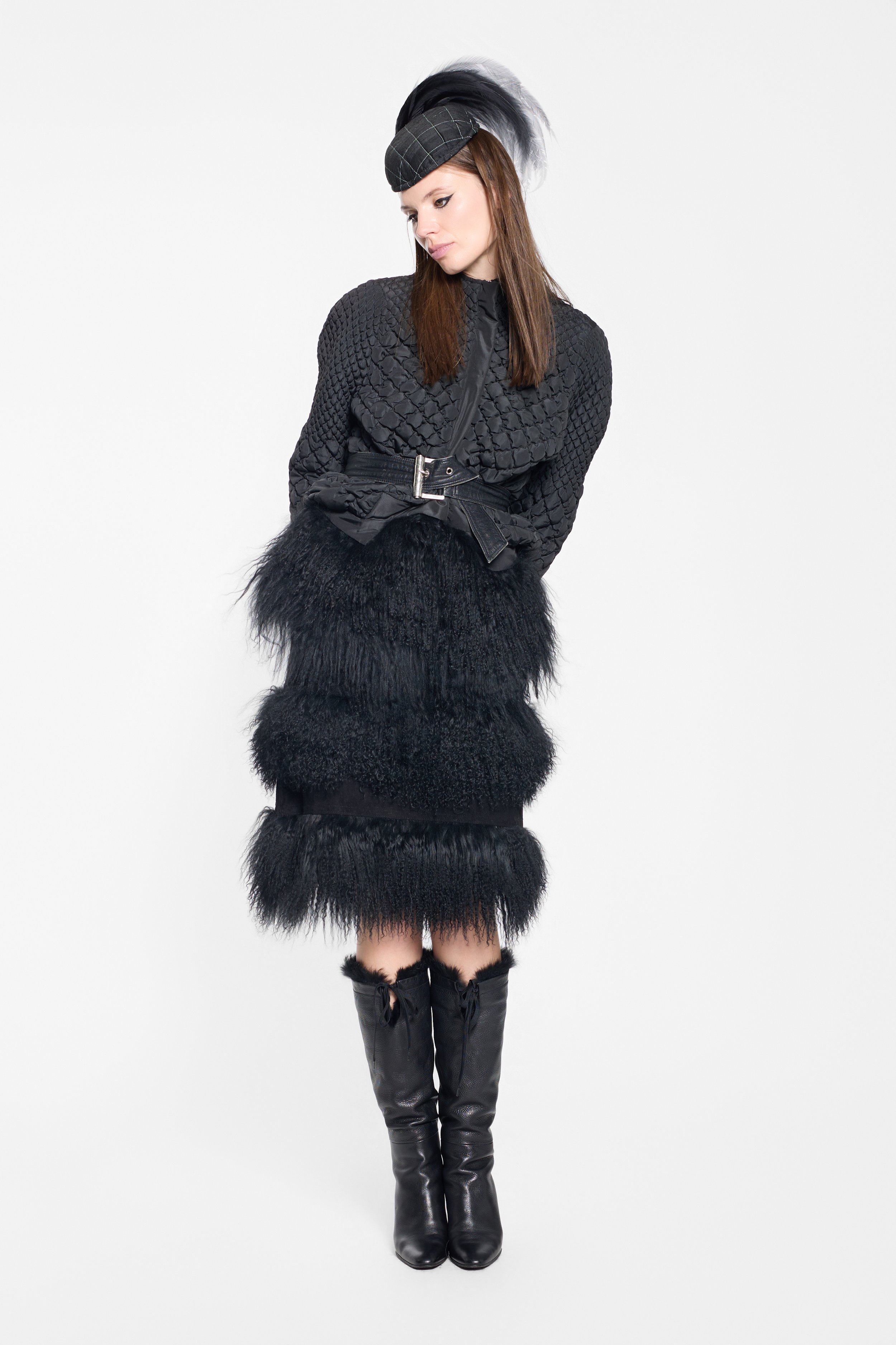 Diamond Shirred Tibetan Fur Trim Jacket