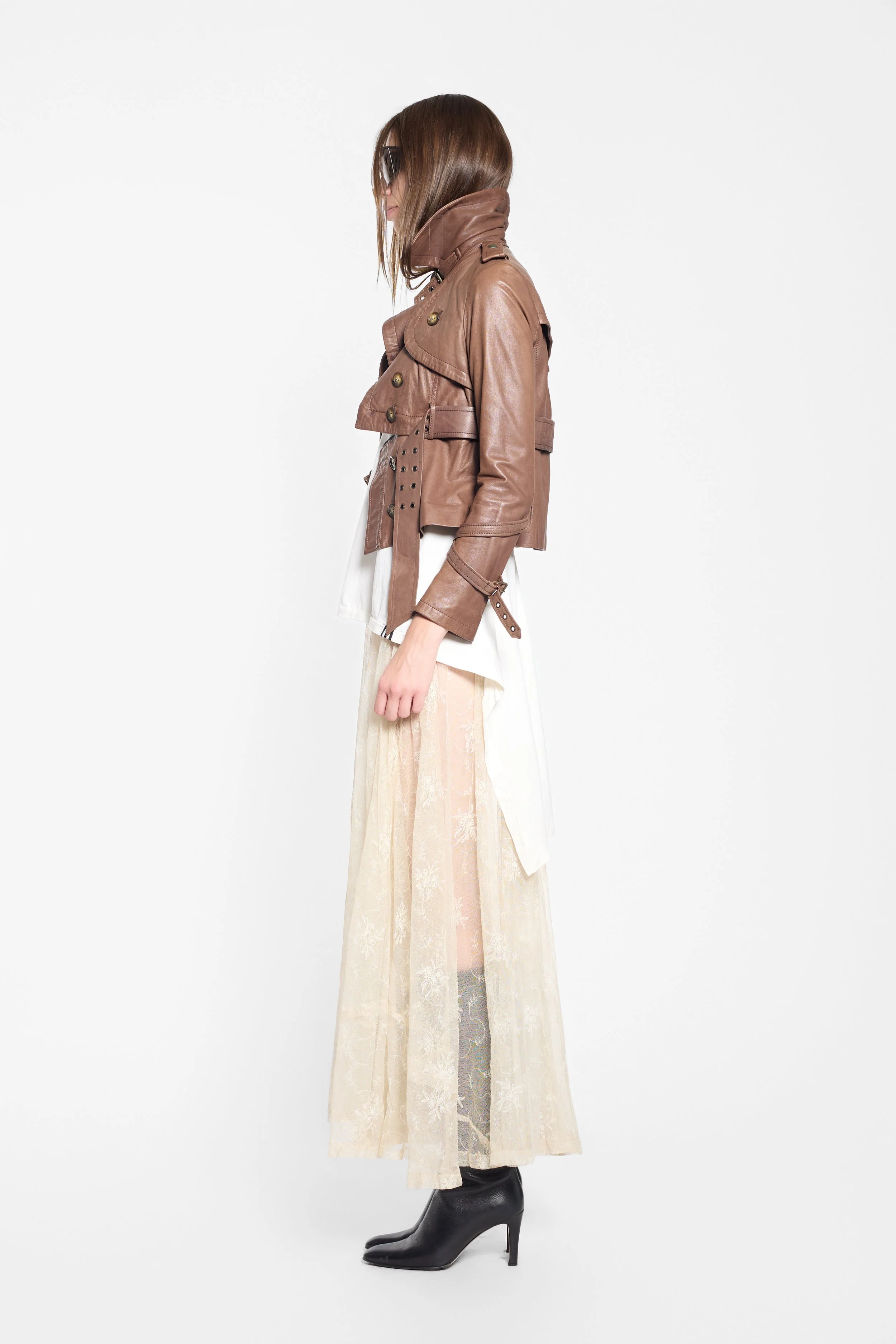 S.W.O.R.D 6.6.44 tan cropped leather jacket worn on model, side view