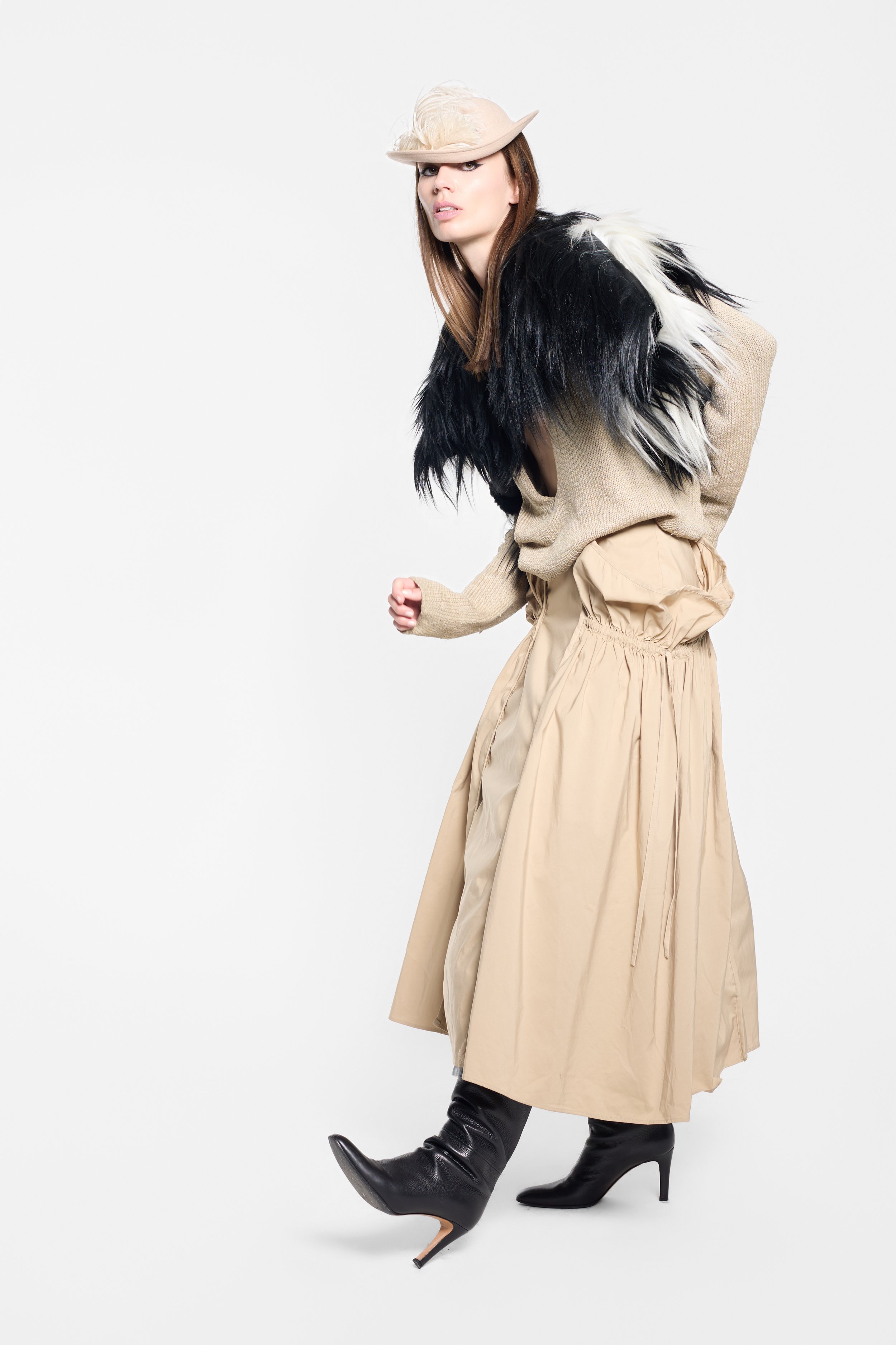 UN3D Japanese designer skirt with exaggerated side volume styled on model