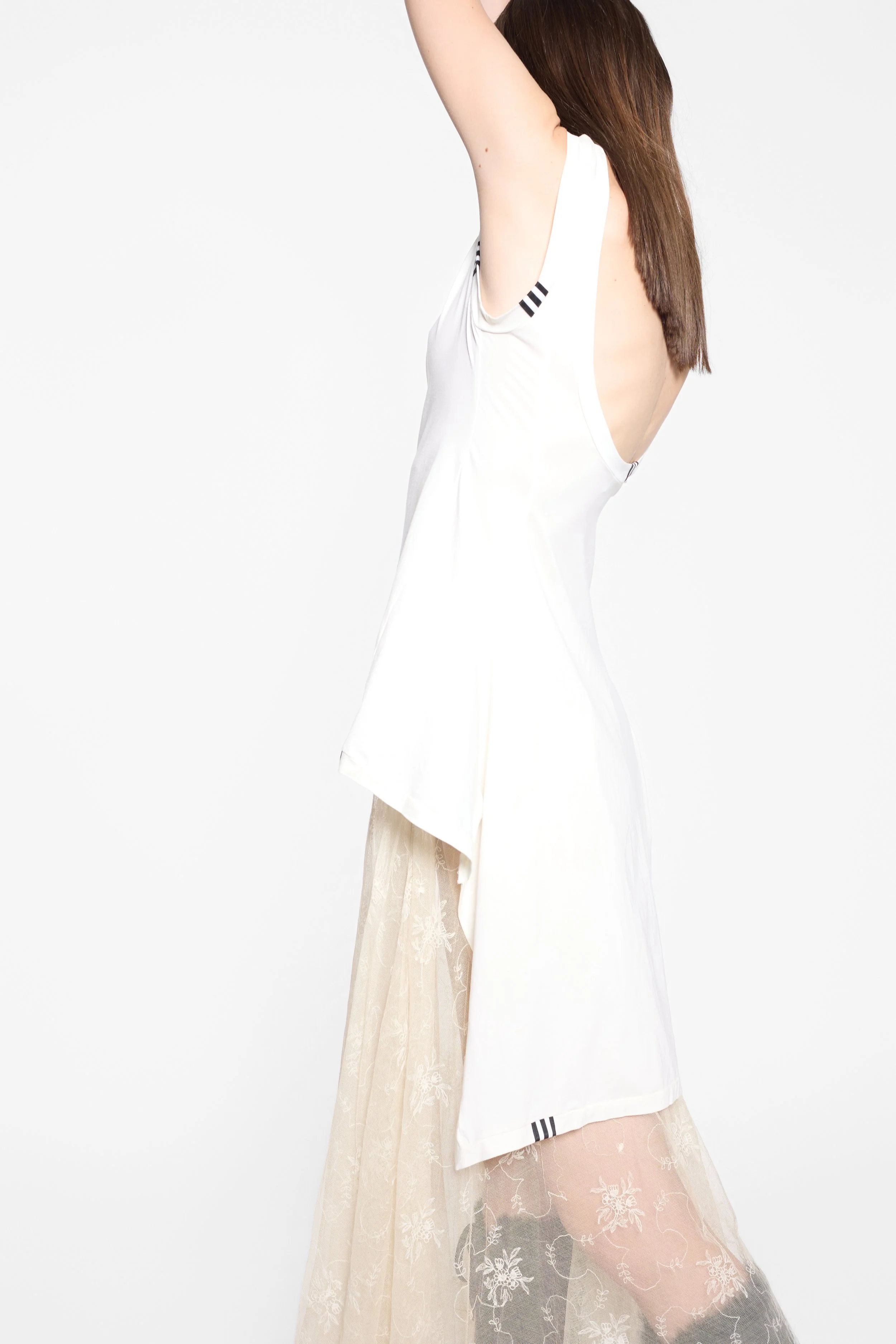 Y-3 SS2013 white runway top, black 3-Stripes hem detail