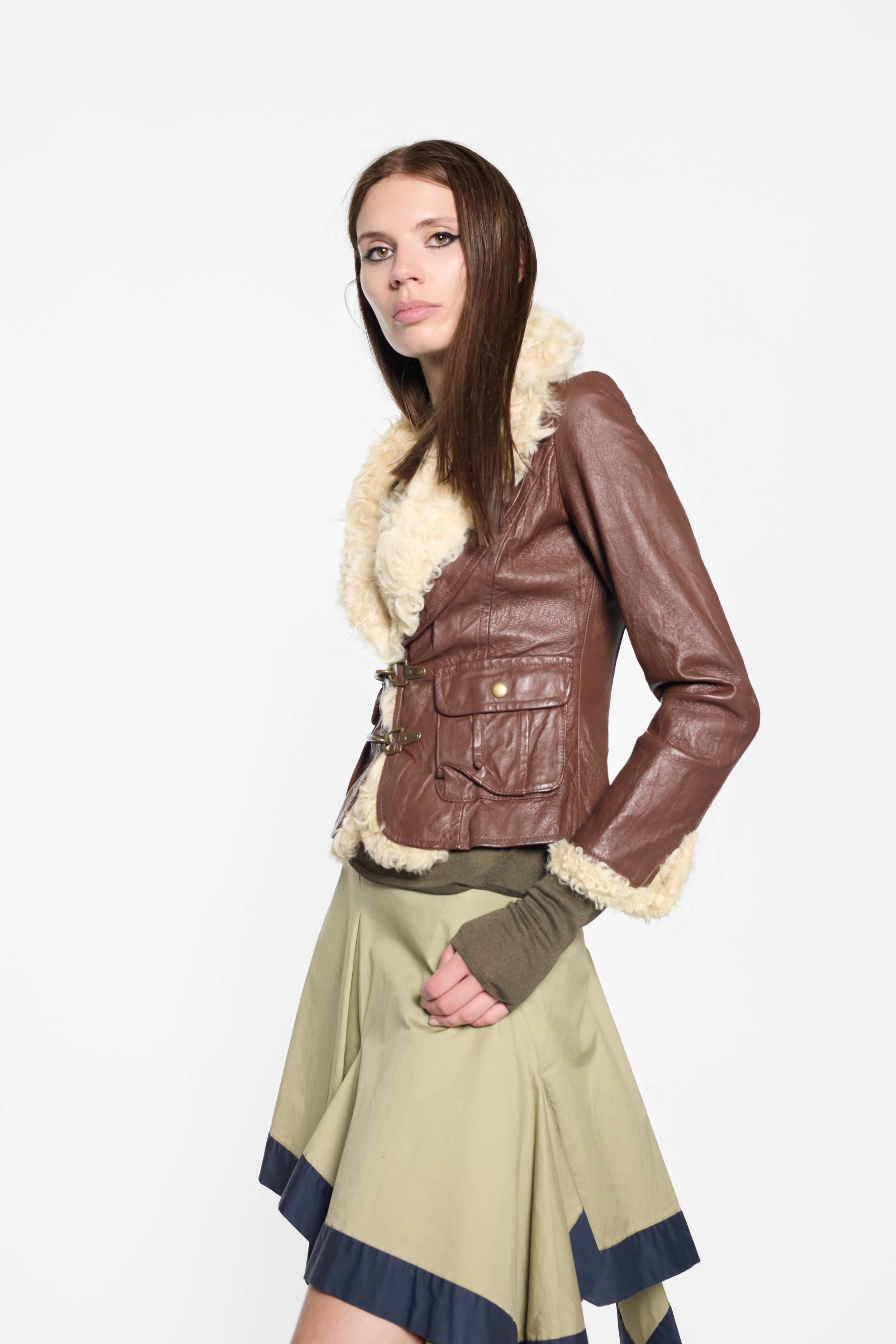 Biemme fitted leather jacket with oversized cream fur collar styled on model