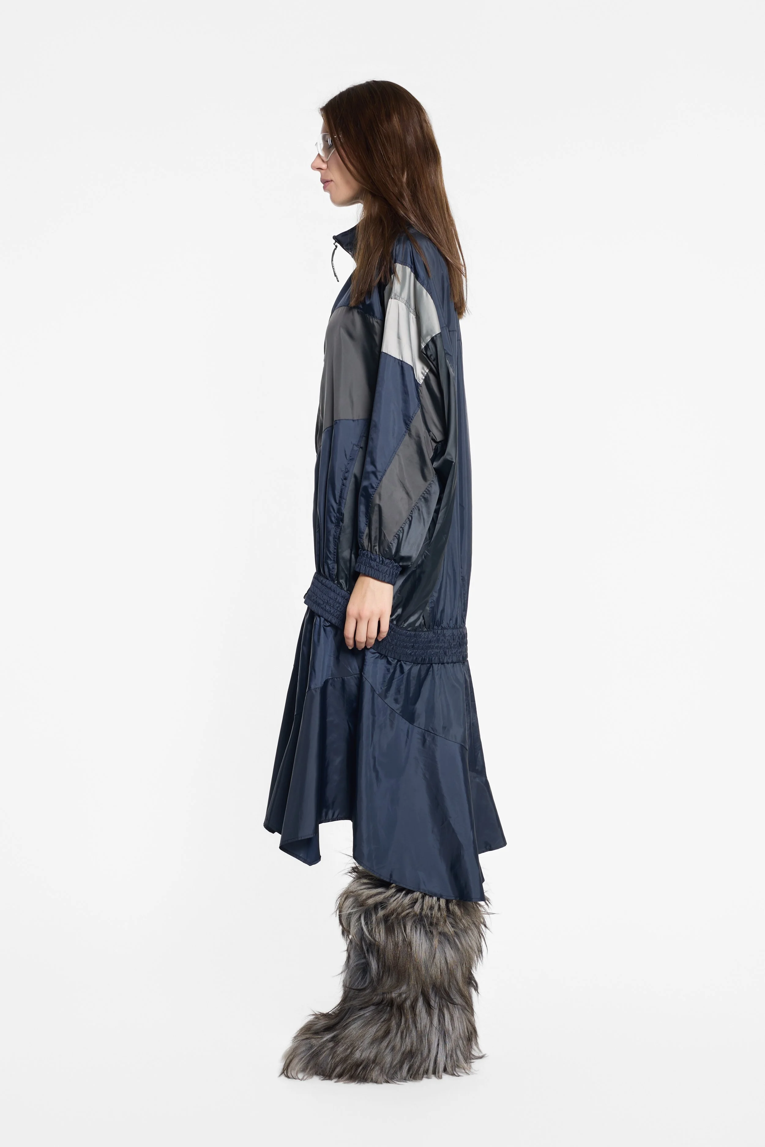 Side view of oversized Double Standard nylon dress with gathered waist