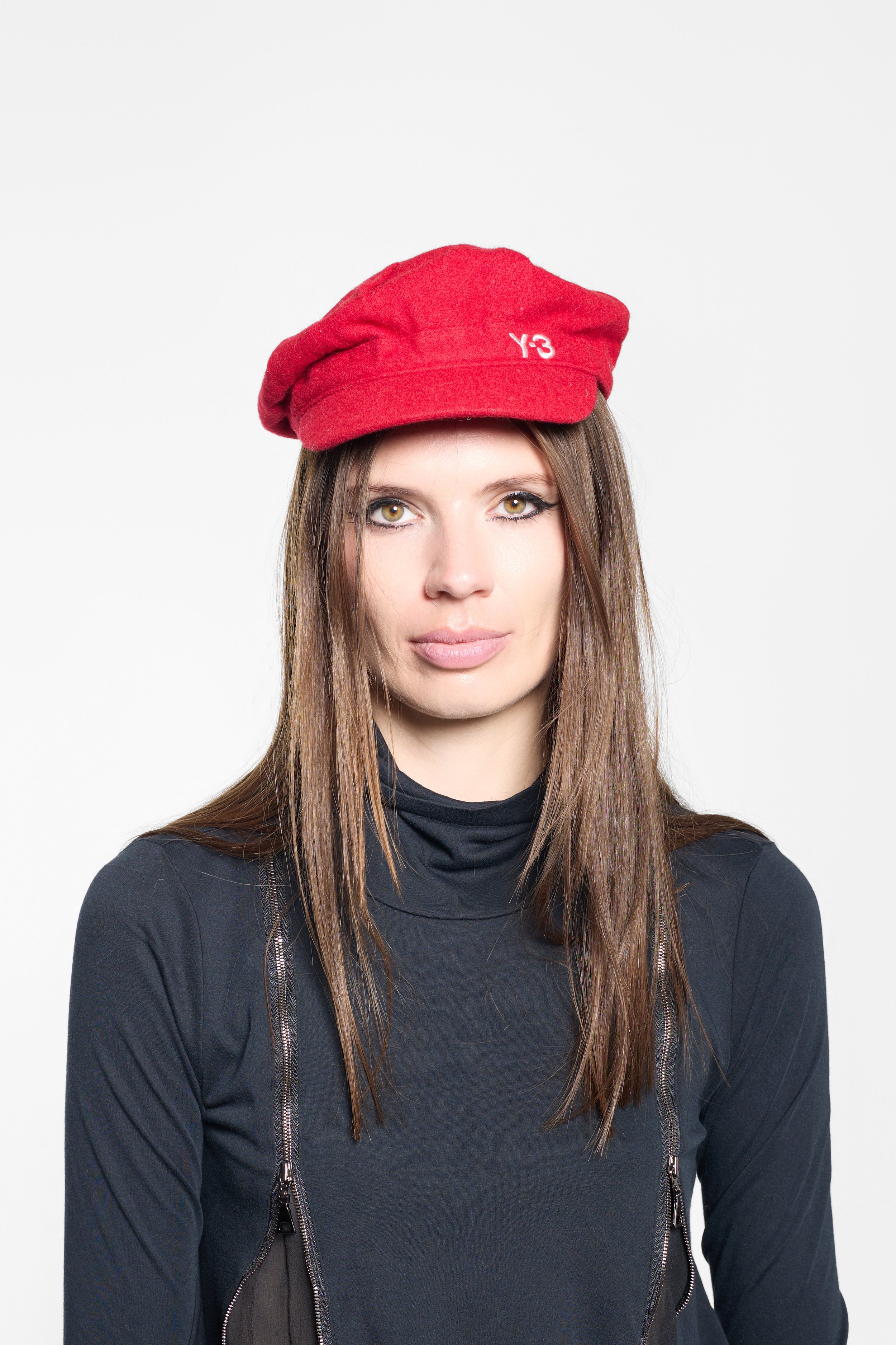 Y-3 red baker-boy hat with tonal embroidered logo styled on model