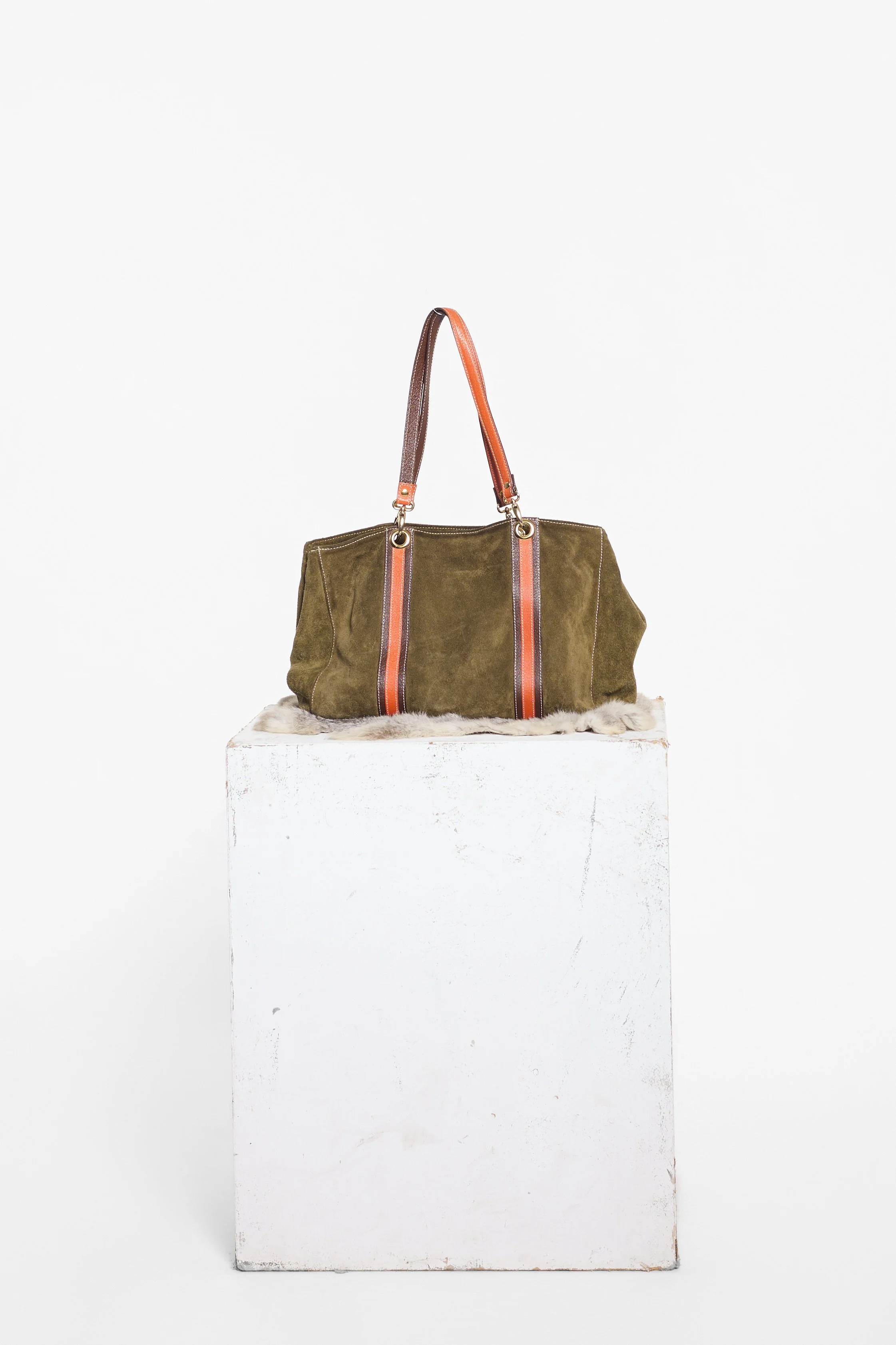 Khaki Italian suede tote with contrasting orange and brown leather trims