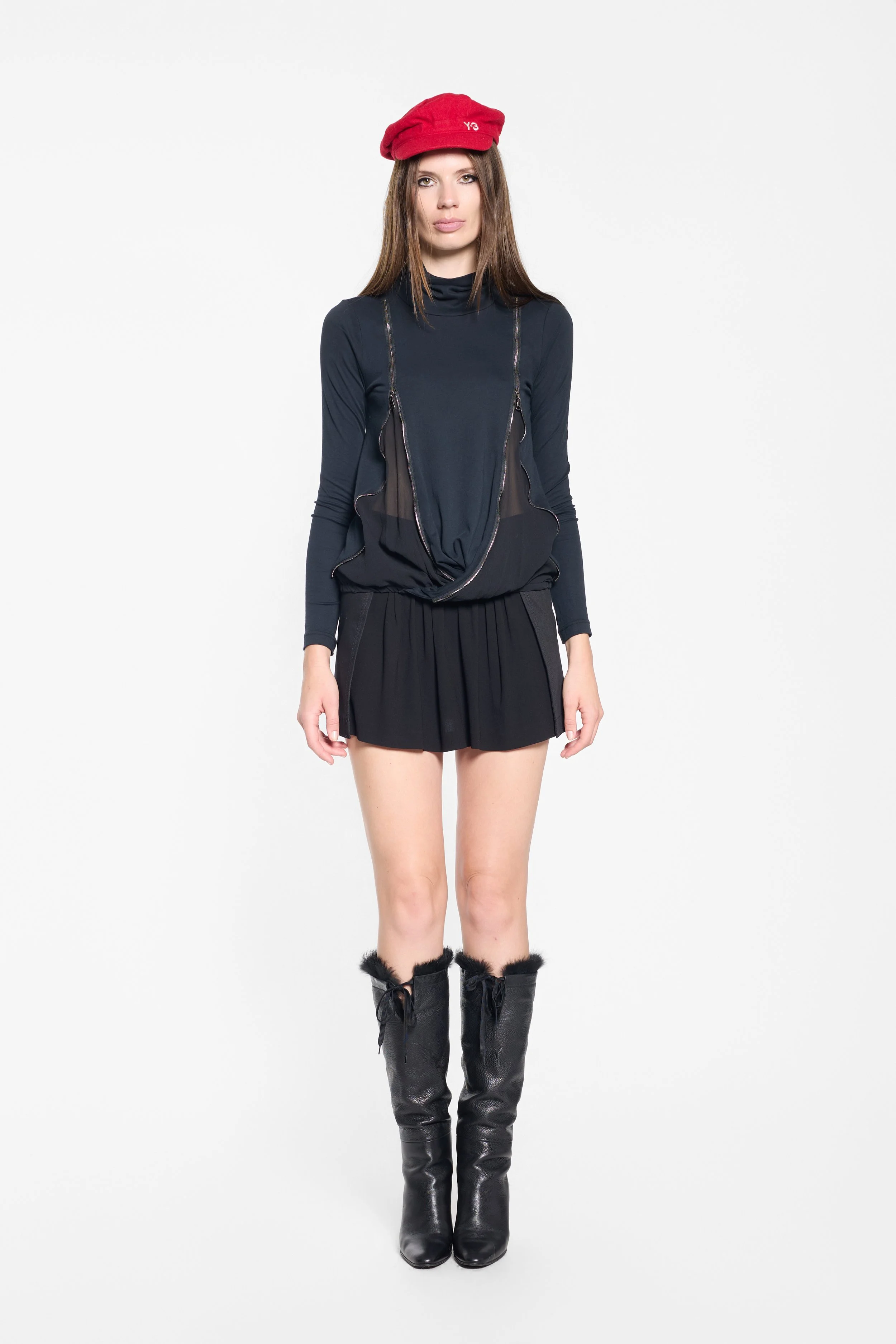 Front view of LUXXM twist zip long sleeve top