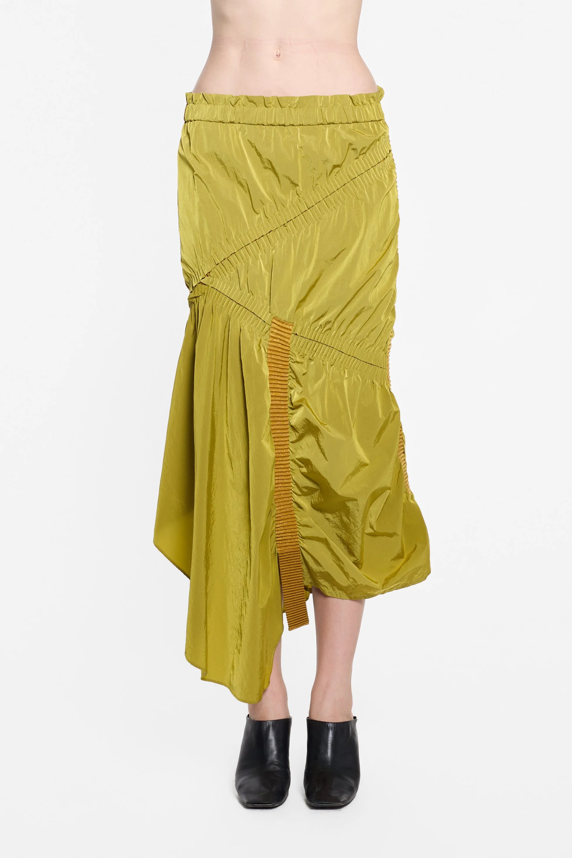 Front view of UN3D gathered skirt with contrasting webbing detail