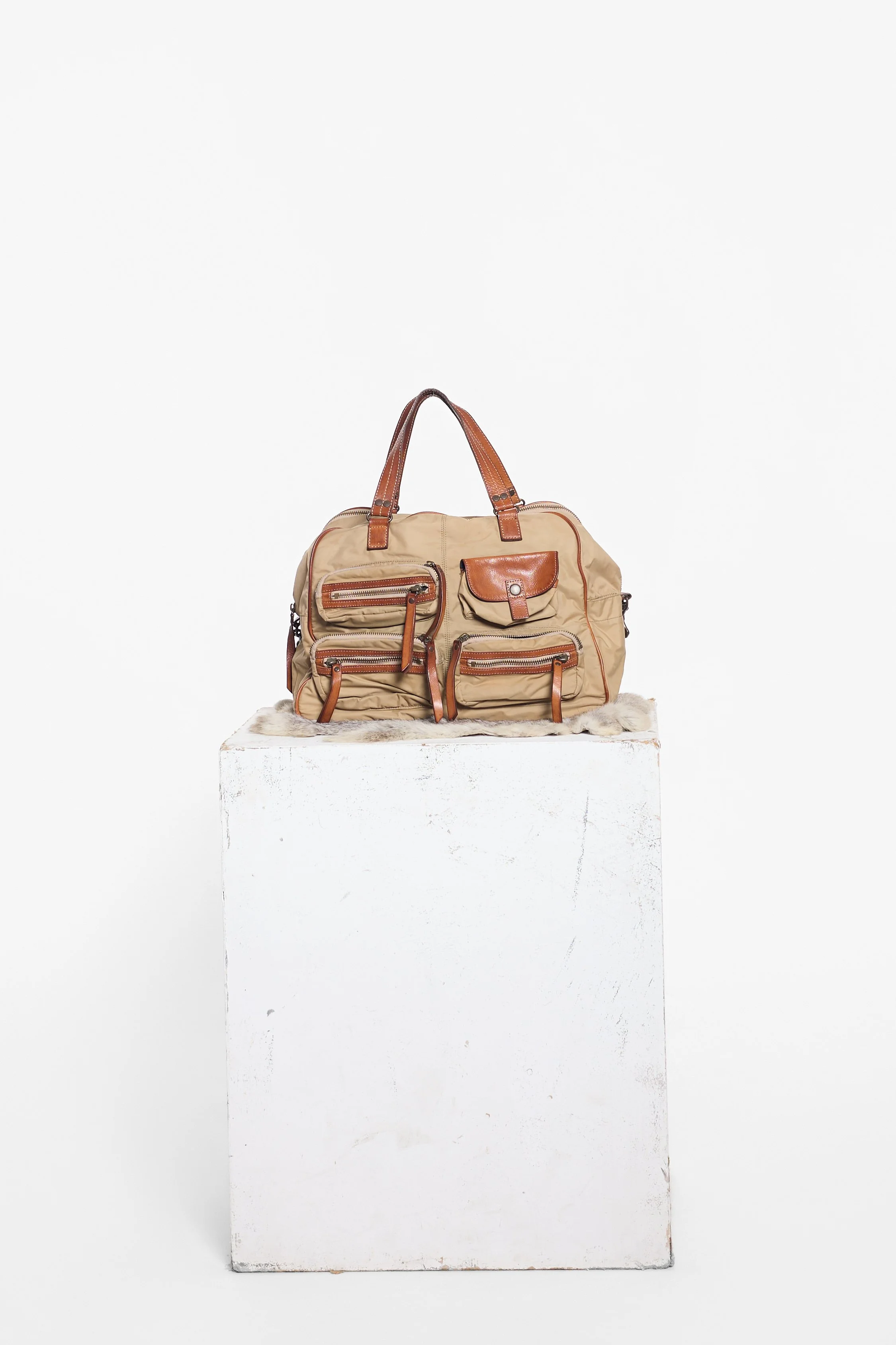 Y'SACCS khaki utility bag with brown leather handles and zip trim