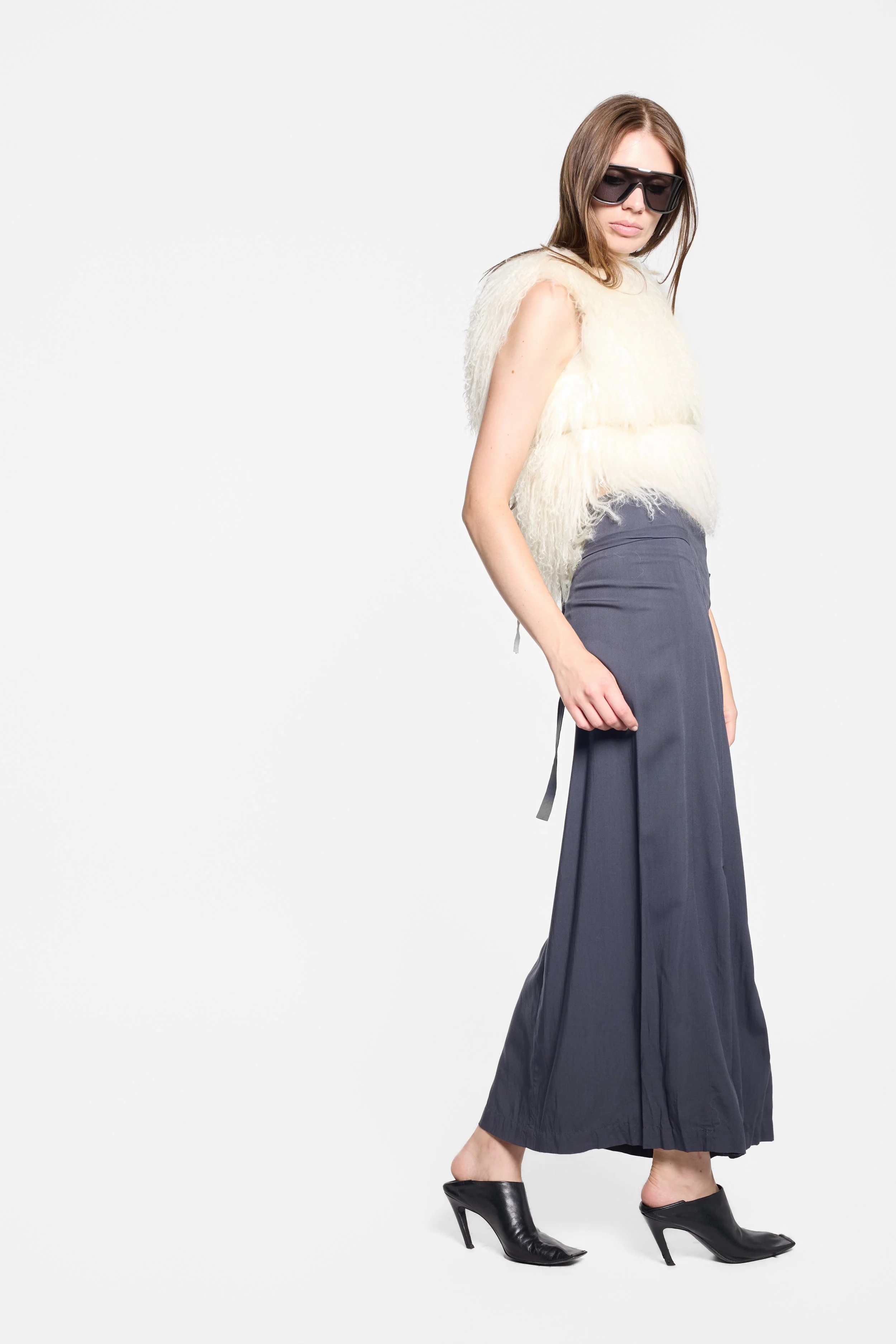 Vintage Mongolian fur vest styled on model