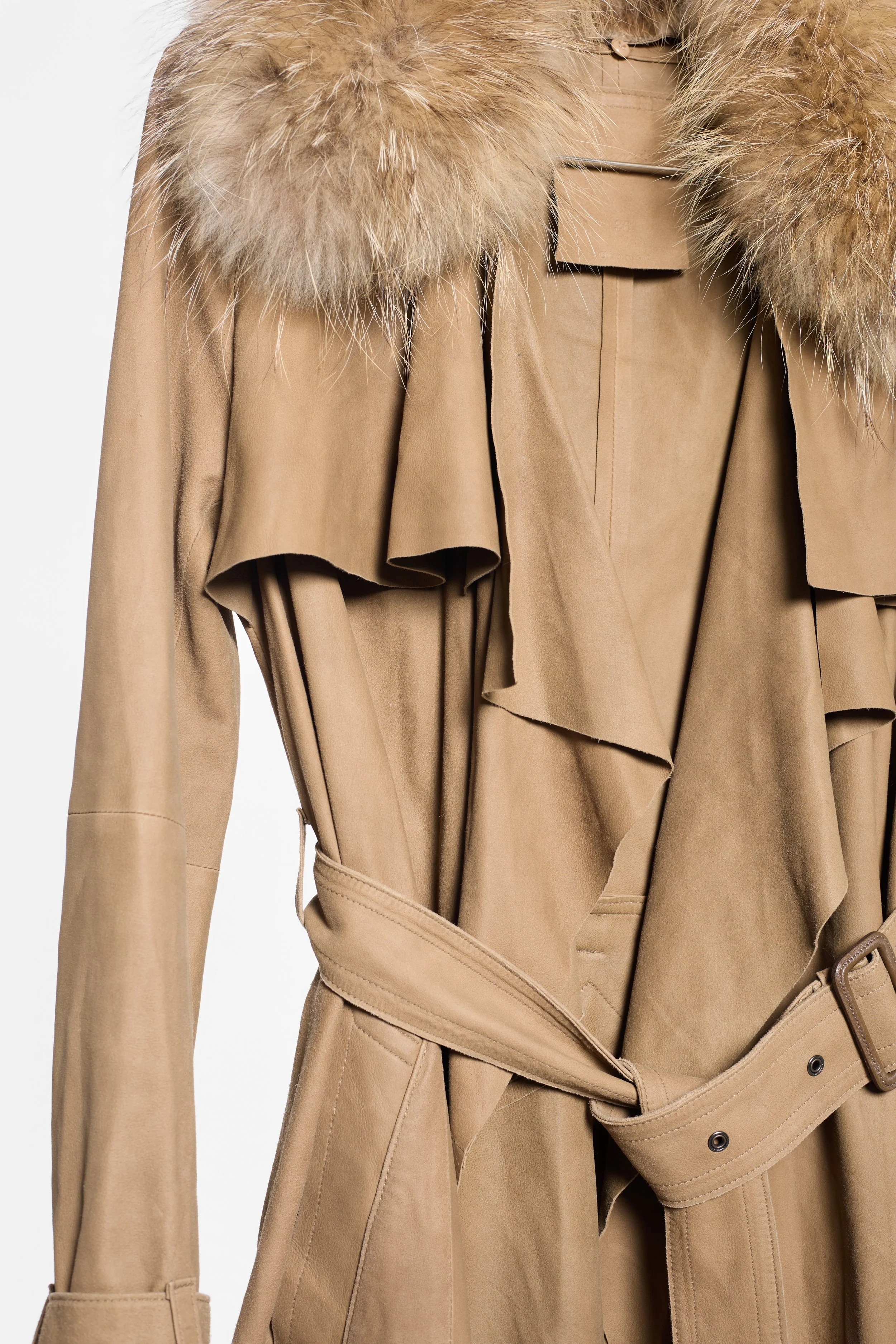 Close-up of Rawtus goat suede trench with draped asymmetric front and waist belt