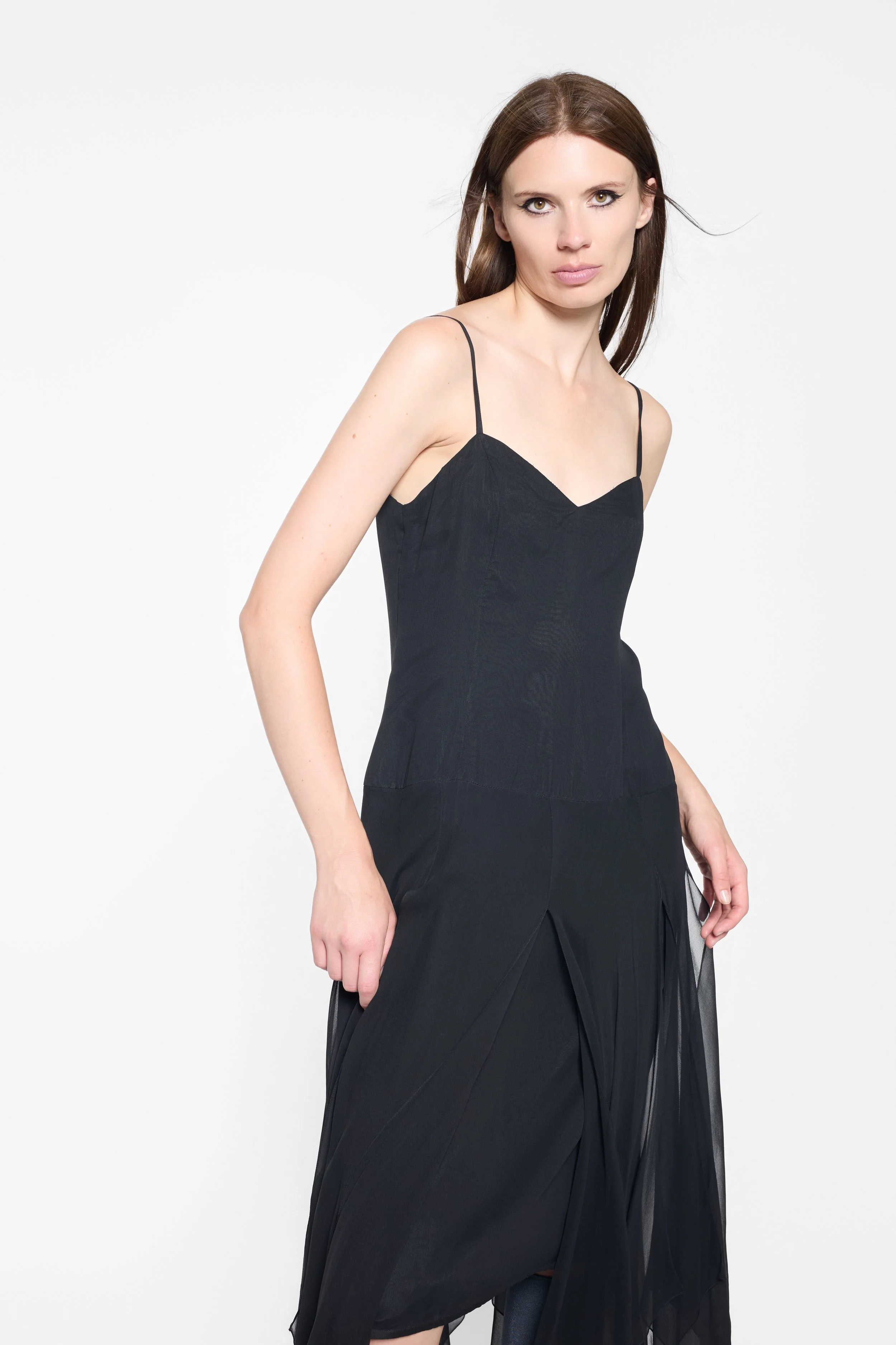 Close-up of thin straps and sweetheart neckline on Oleg Cassini dress