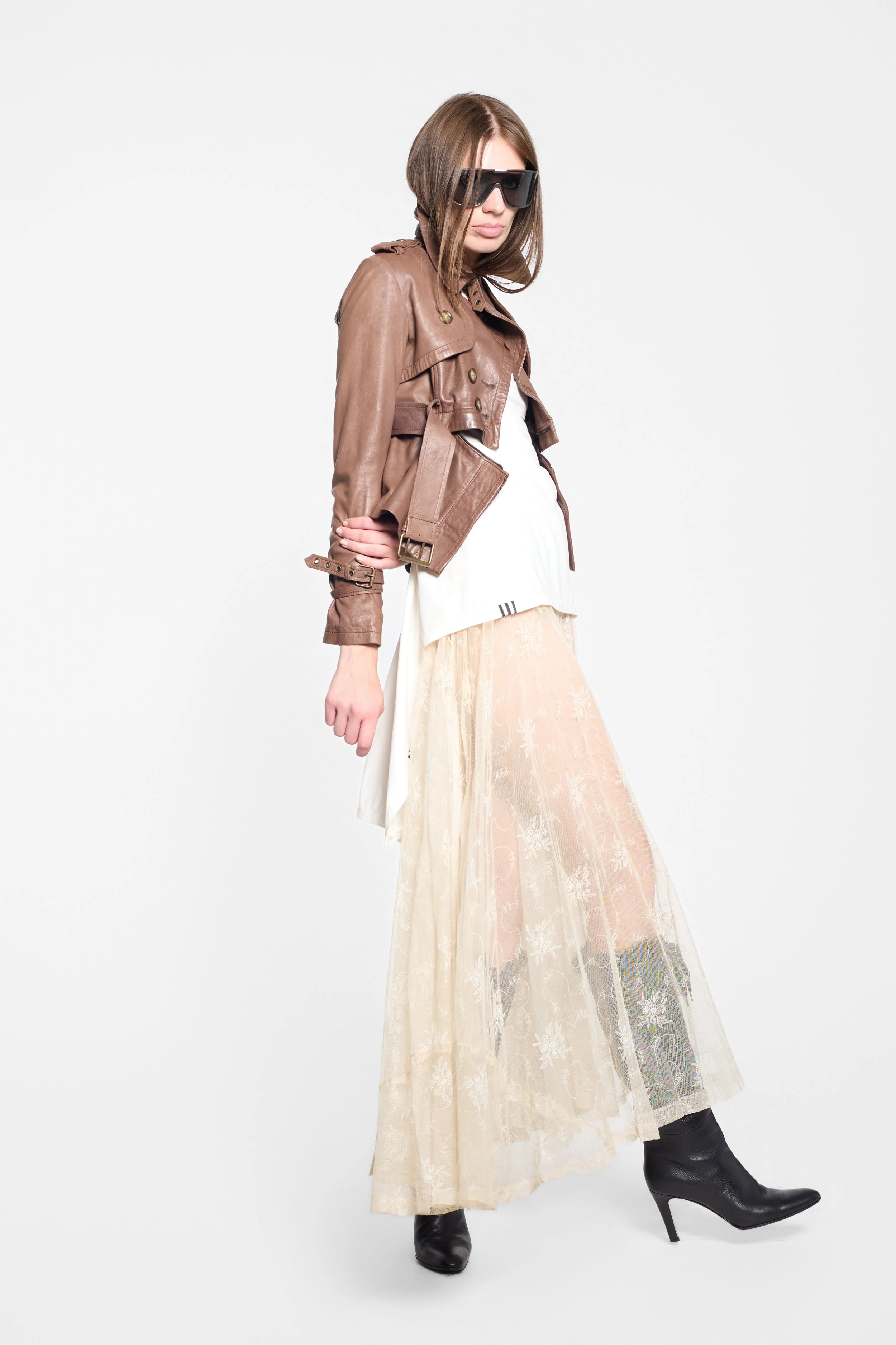 S.W.O.R.D 6.6.44 tan leather jacket styled on model, alternate full-length editorial image