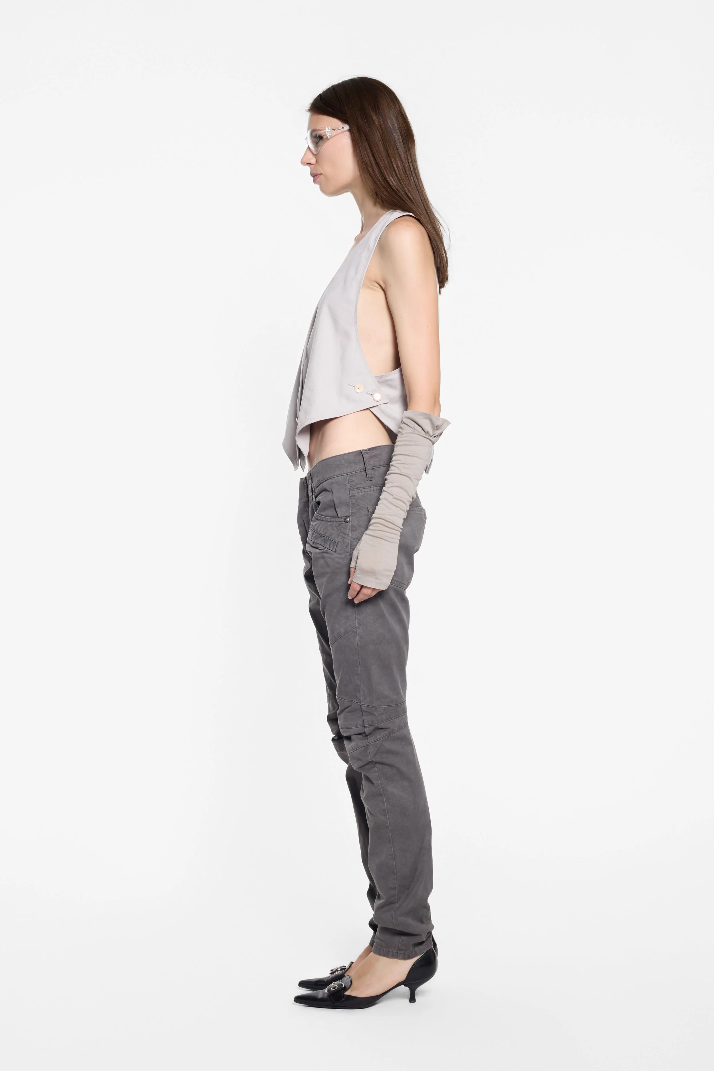 Side view of Hardy Amies grey waistcoat with low-cut armholes