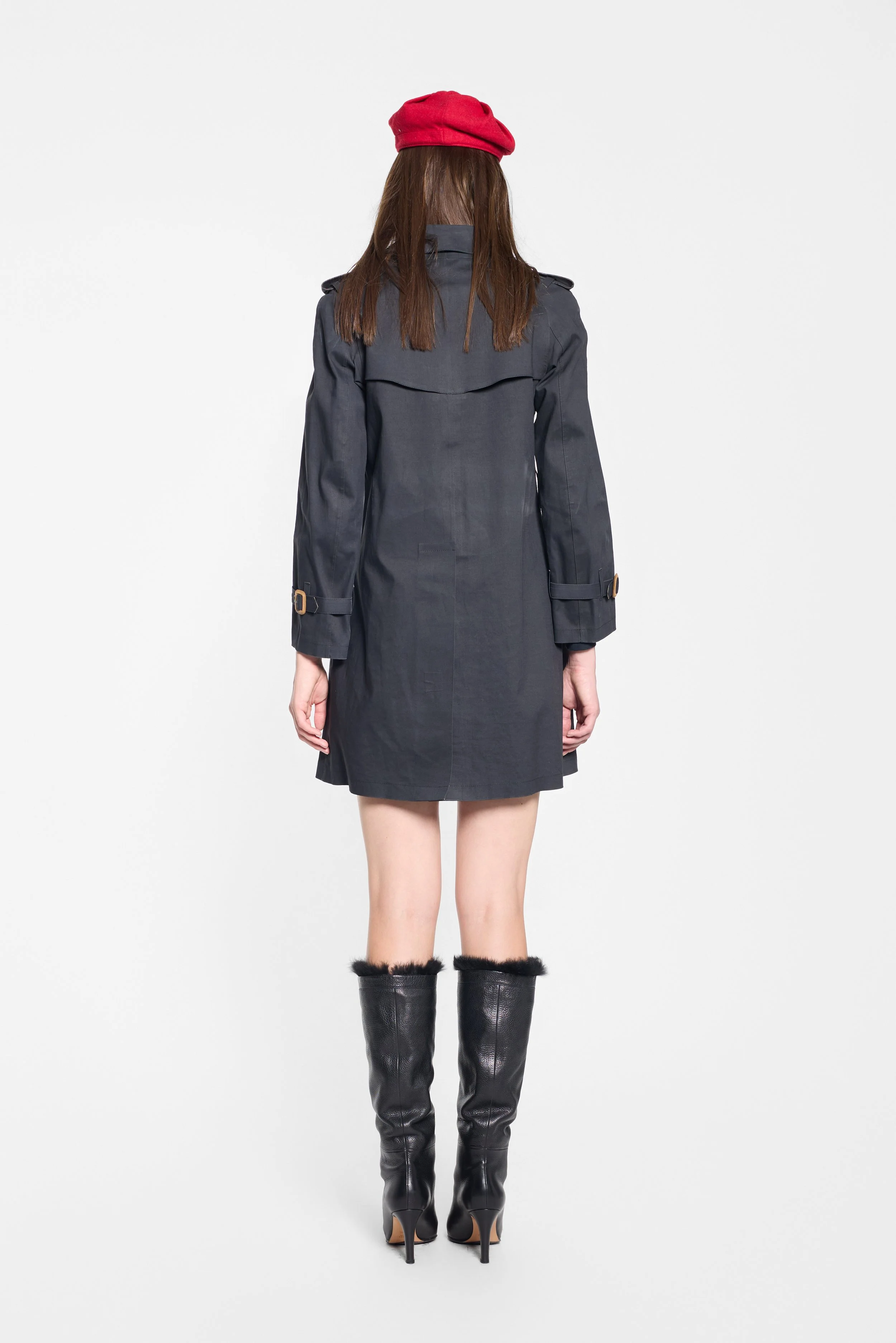 Back view of Mackintosh trench coat with storm flap
