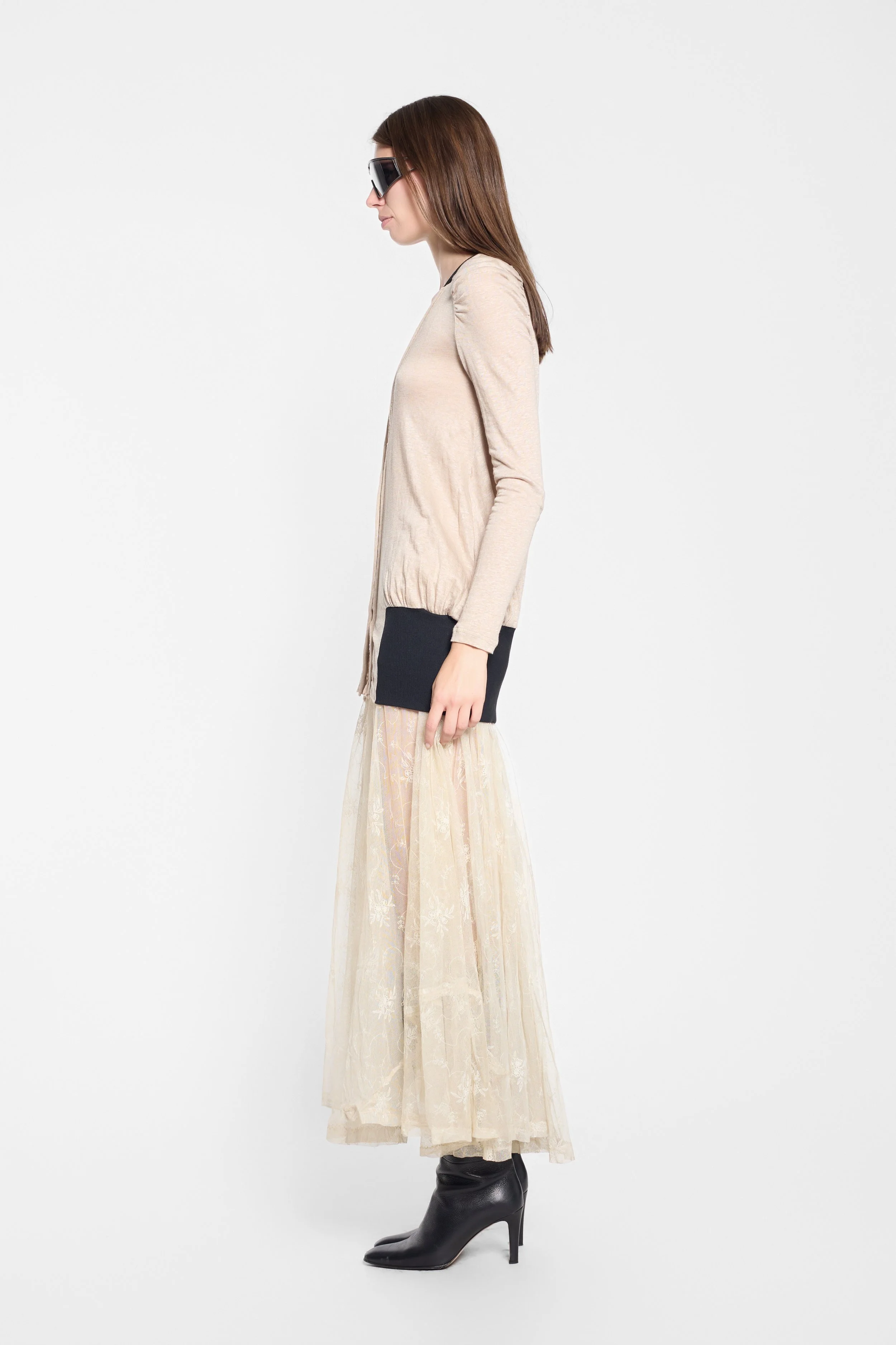 LUXXM beige cardigan side view