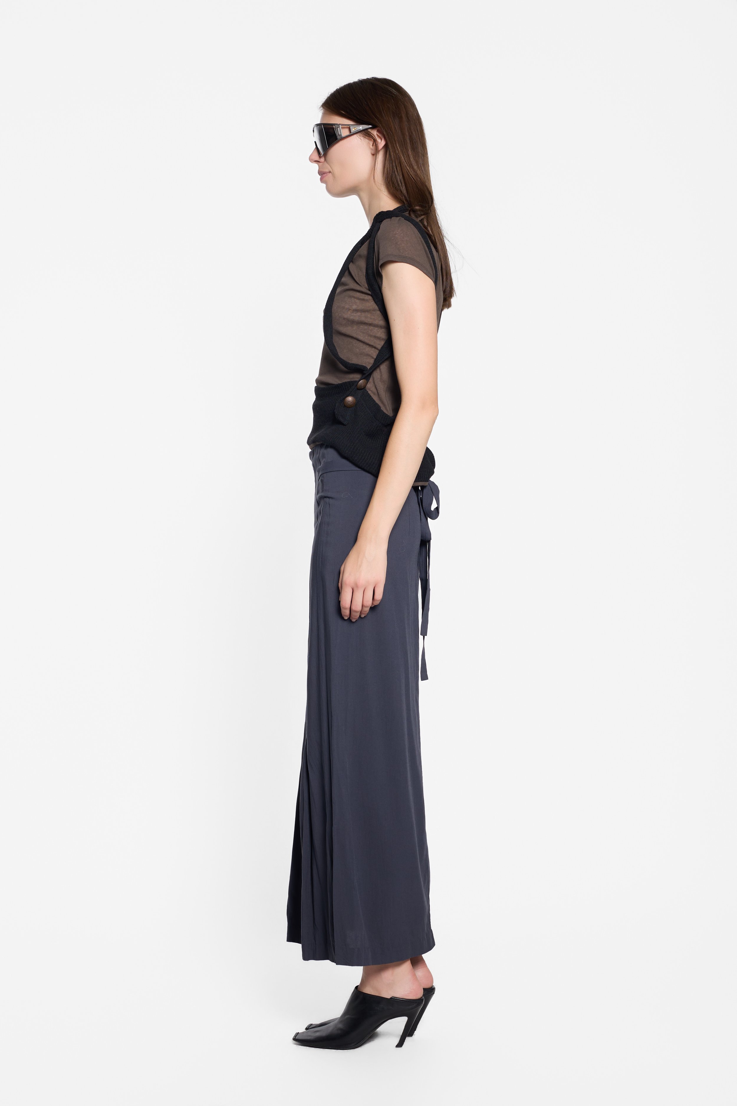Side view of LUXXM sheer brown open-knit top