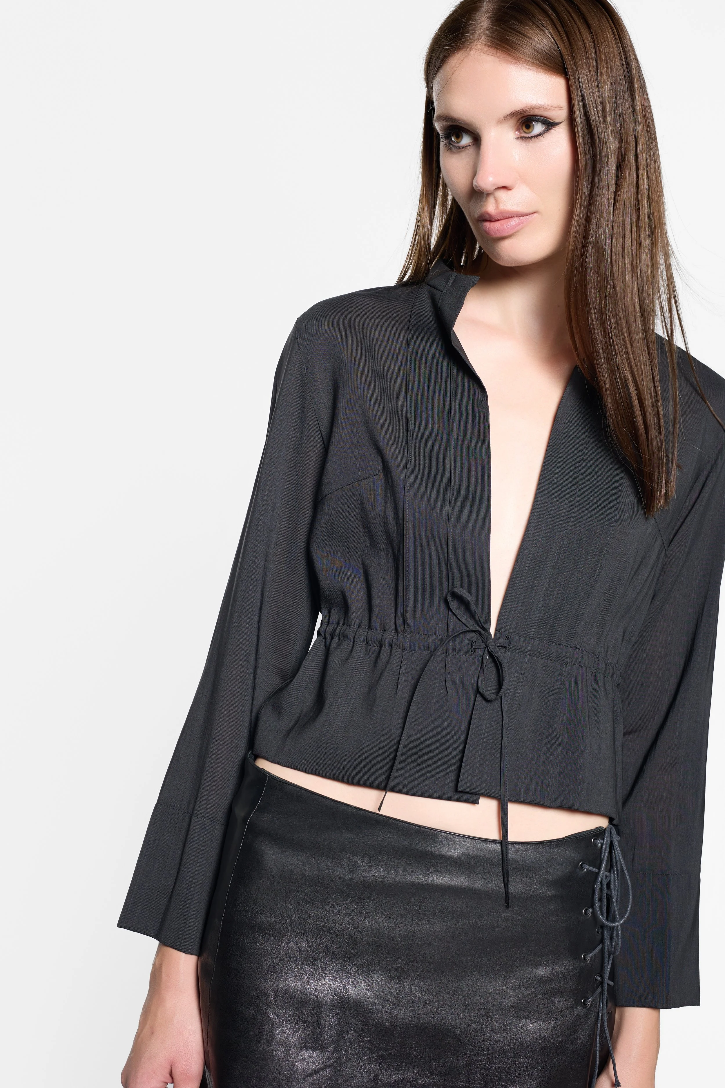 Karl Lagerfeld black cropped jacket, pleated panels and drawstring waist detail