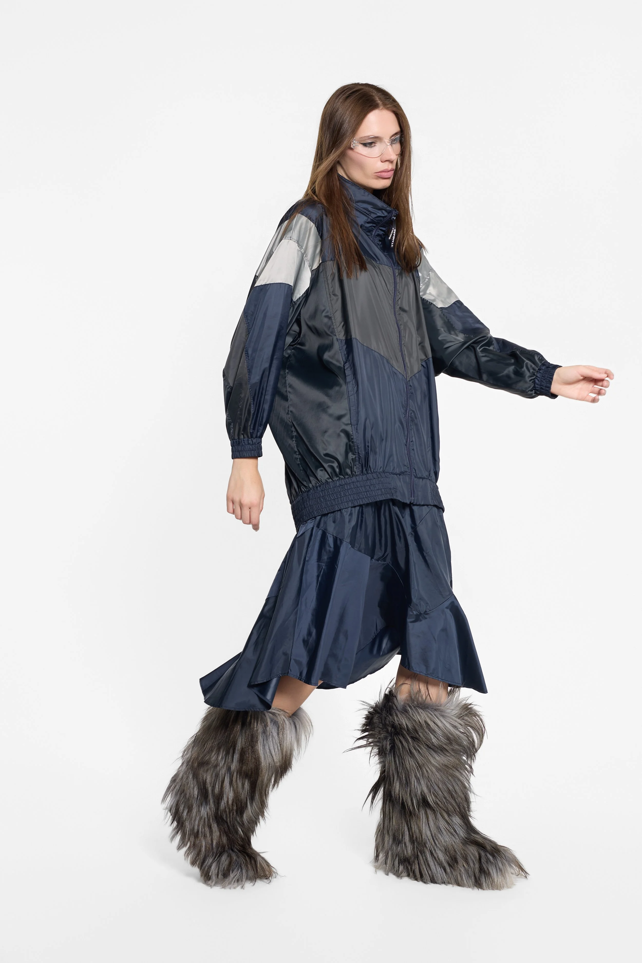 Japanese designer jacket dress with detachable skirt and colour-block panelling