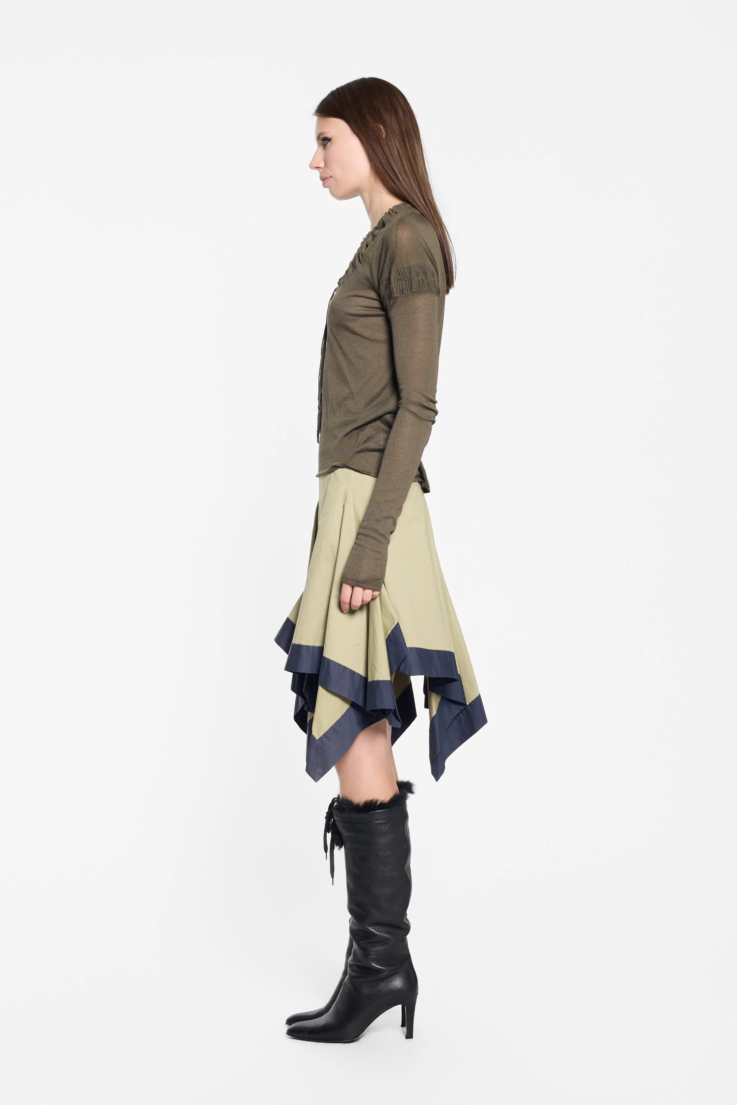 Gucci by Tom Ford olive sheer silk top worn on model, side view