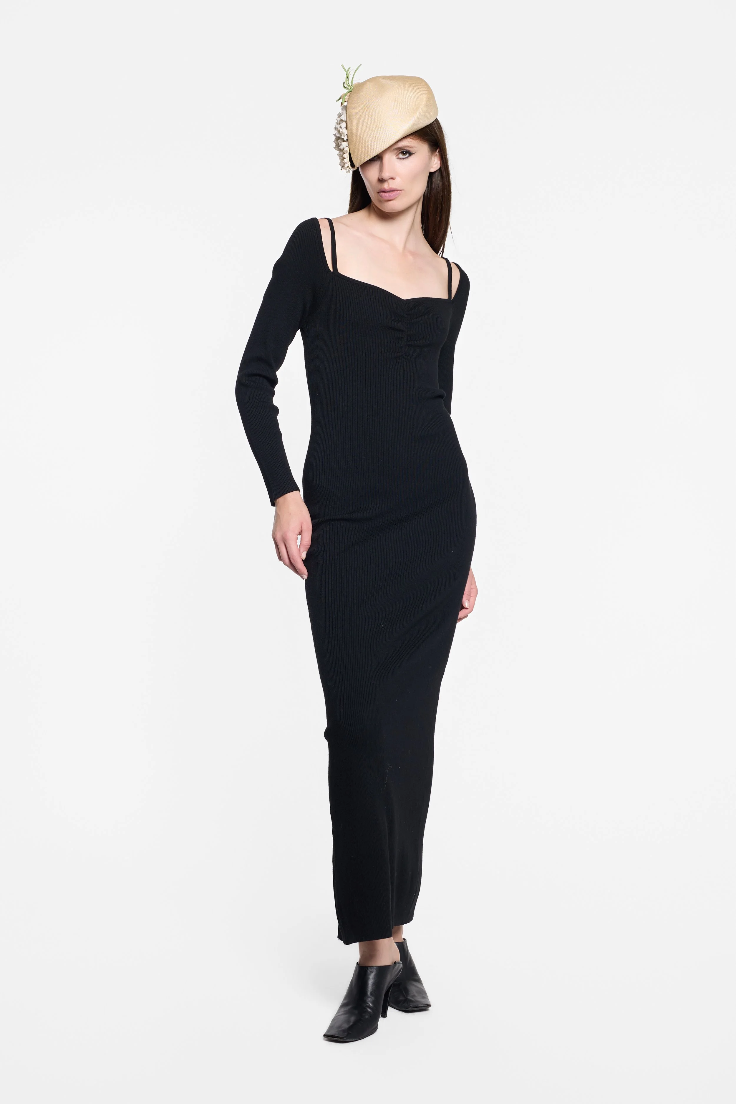 Front view of Victor Glemaud ribbed maxi dress with gathered bust