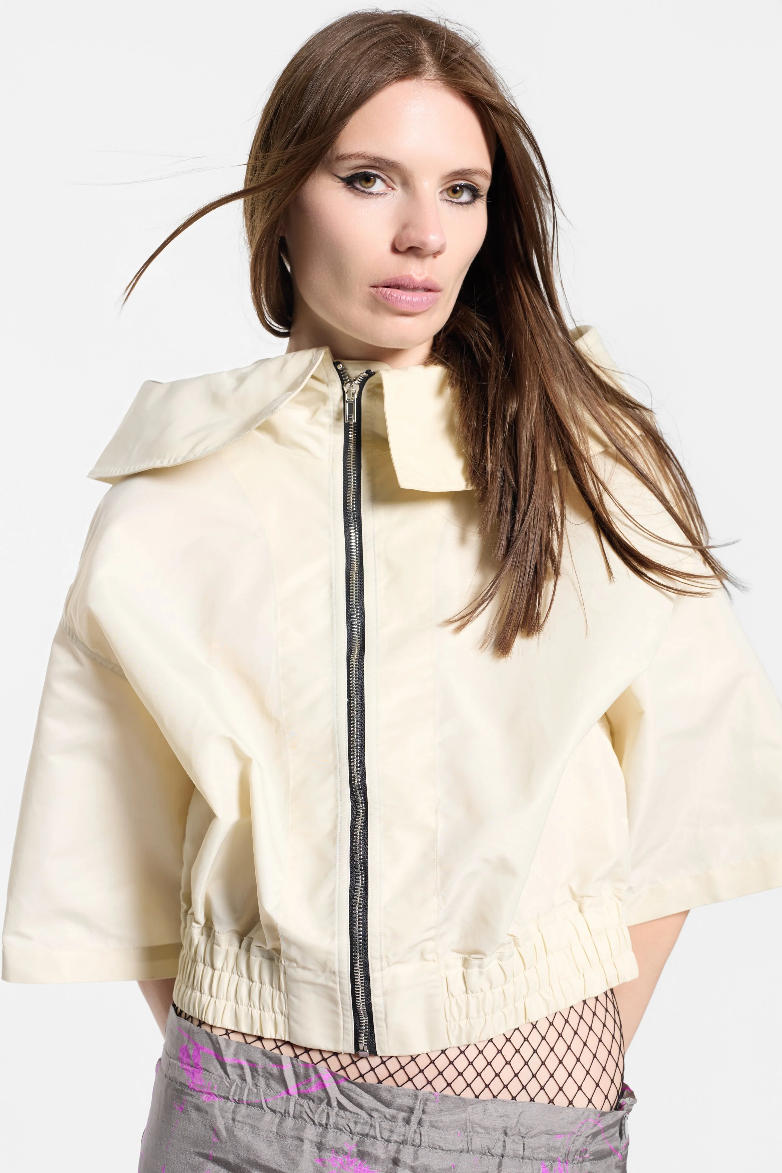 Sculptural collar and short sleeve detail on the Rick Owens jacket
