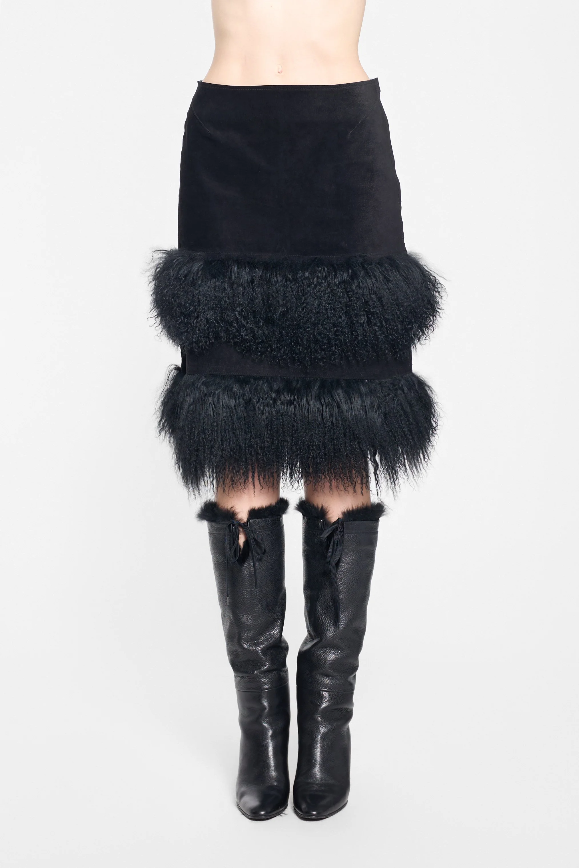 Front view of vintage leather and Tibetan lamb skirt