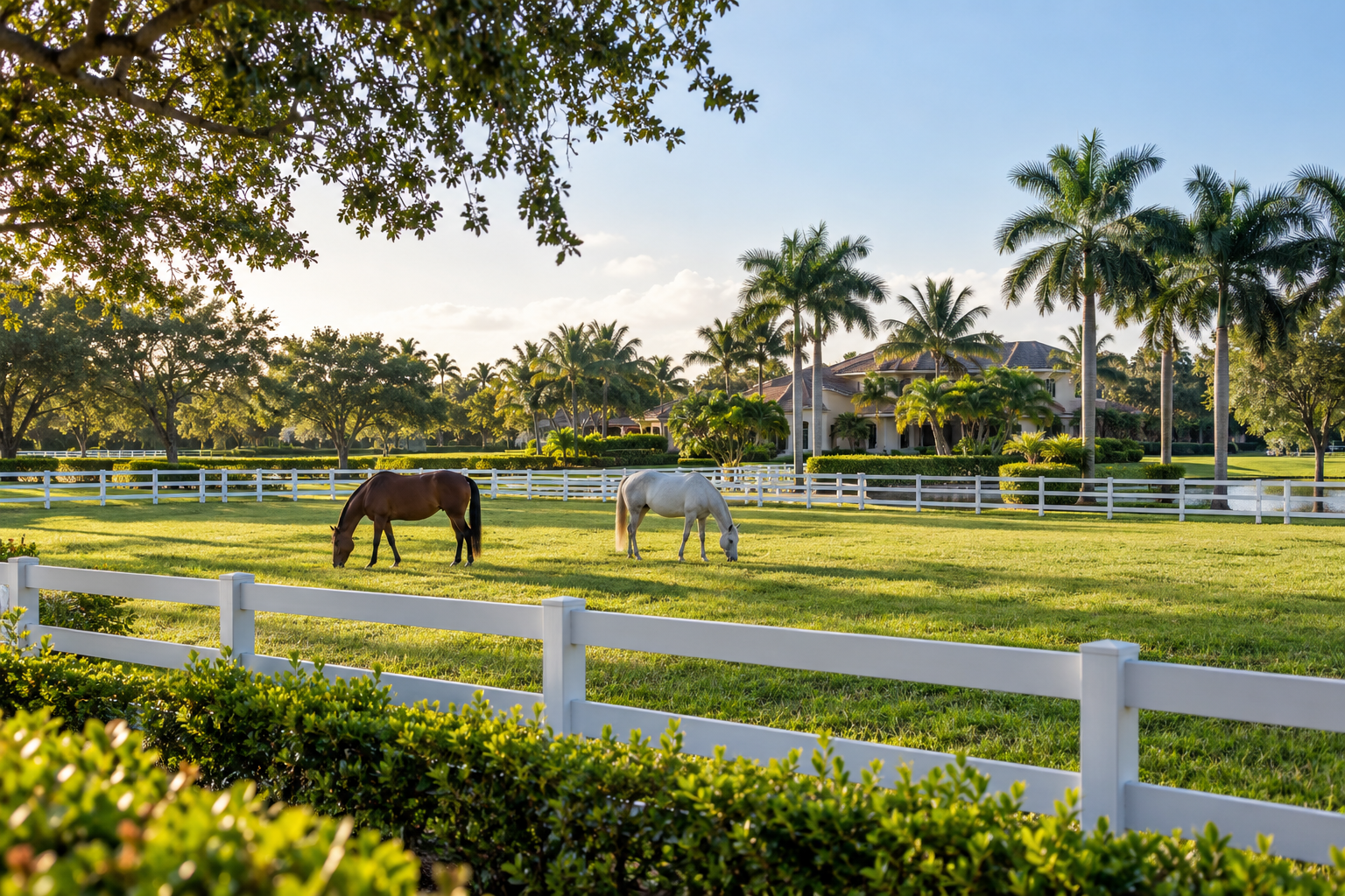 Horses grazing in an equestrian neighborhood representing Davie, Florida.